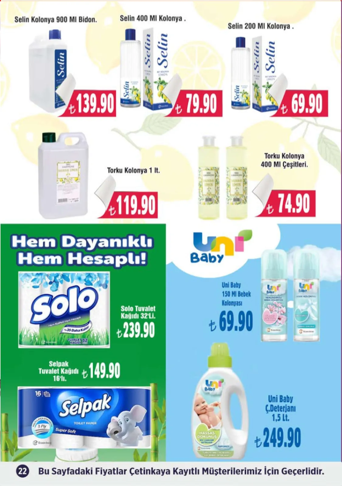 Çetinkaya Çetinkaya 1 Mayıs 2026 Aktüel Kataloğu sayfa 22: Uni Baby Çamaşır Deterjanı 1,5 Lt, Uni Baby Bebek Kolonyası 150 Ml