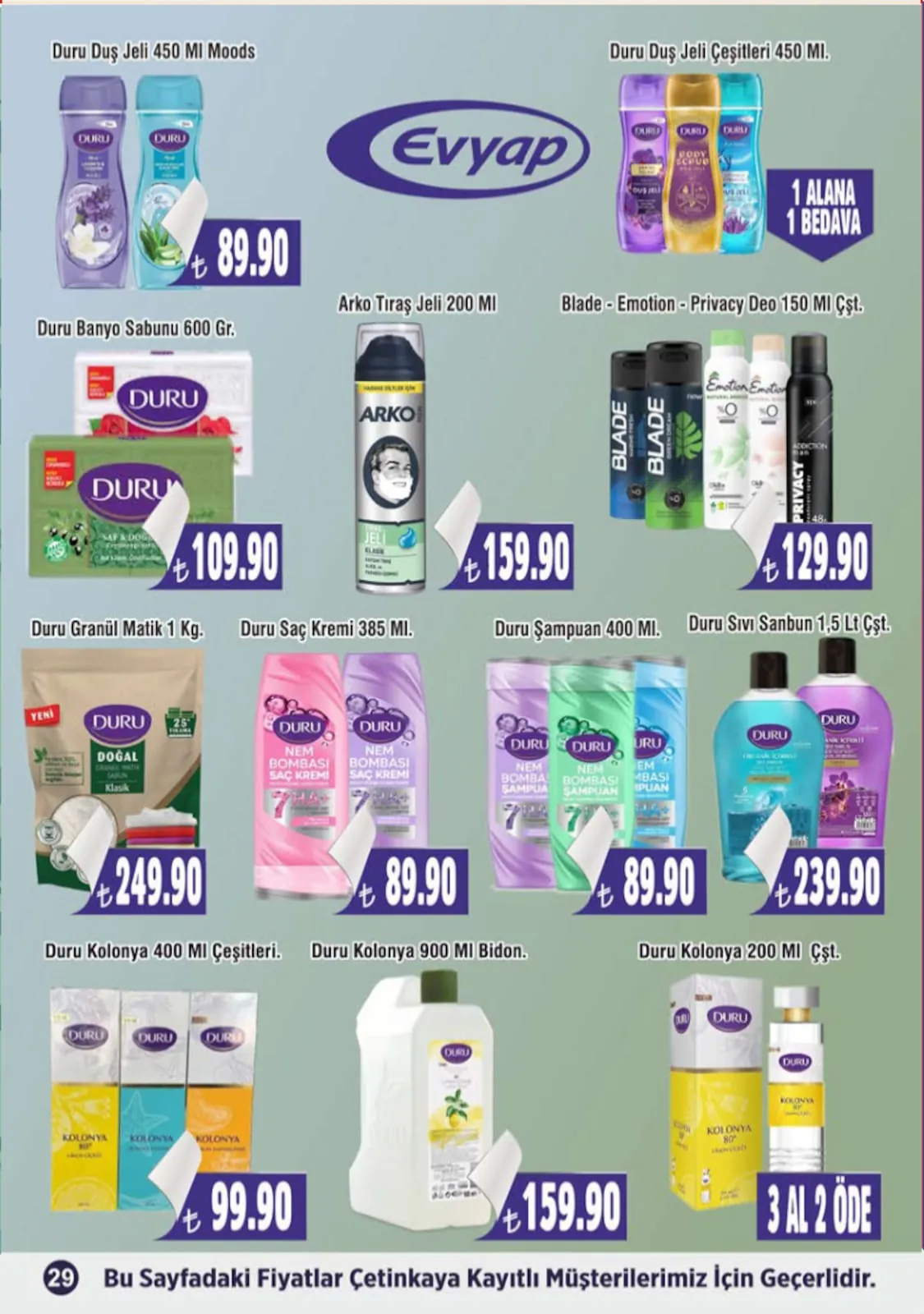 Çetinkaya Çetinkaya 1 Mayıs 2026 Aktüel Kataloğu sayfa 29: Duru Kolonya 80' 3 Adet, Duru Granül Matik 1 Kg
