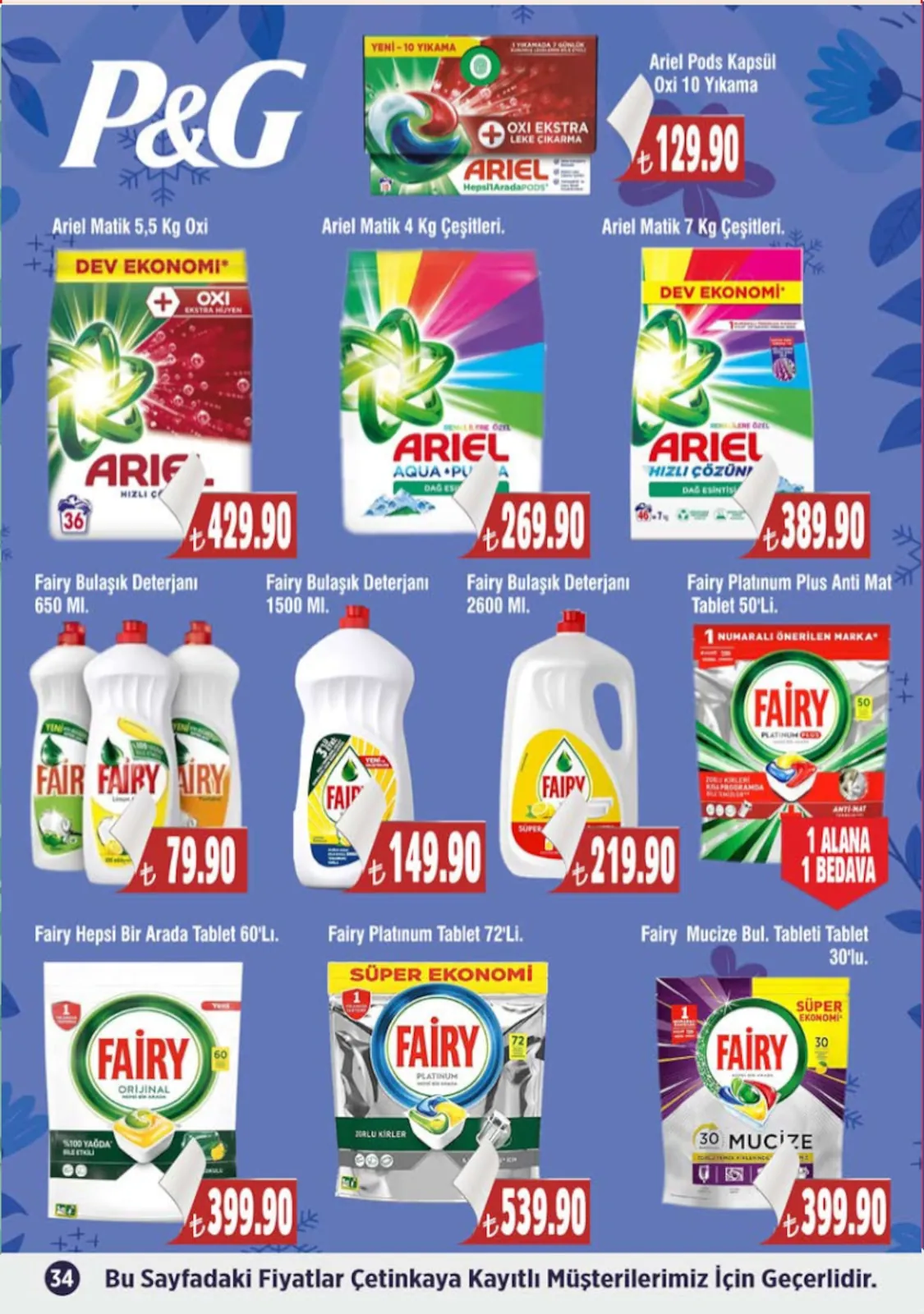 Çetinkaya Çetinkaya 1 Mayıs 2026 Aktüel Kataloğu sayfa 34: Fairy Sıvı Bulaşık Deterjanı 650 Ml., Fairy Platinum Tablet 72'Li