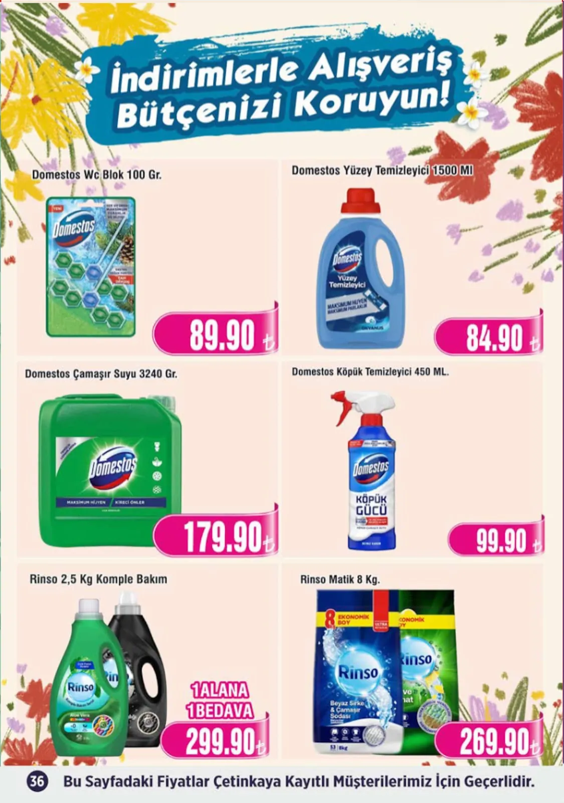 Çetinkaya Çetinkaya 1 Mayıs 2026 Aktüel Kataloğu sayfa 36: Rinso Matik 8 Kg, Domestos Çamaşır Suyu 3240 Gr