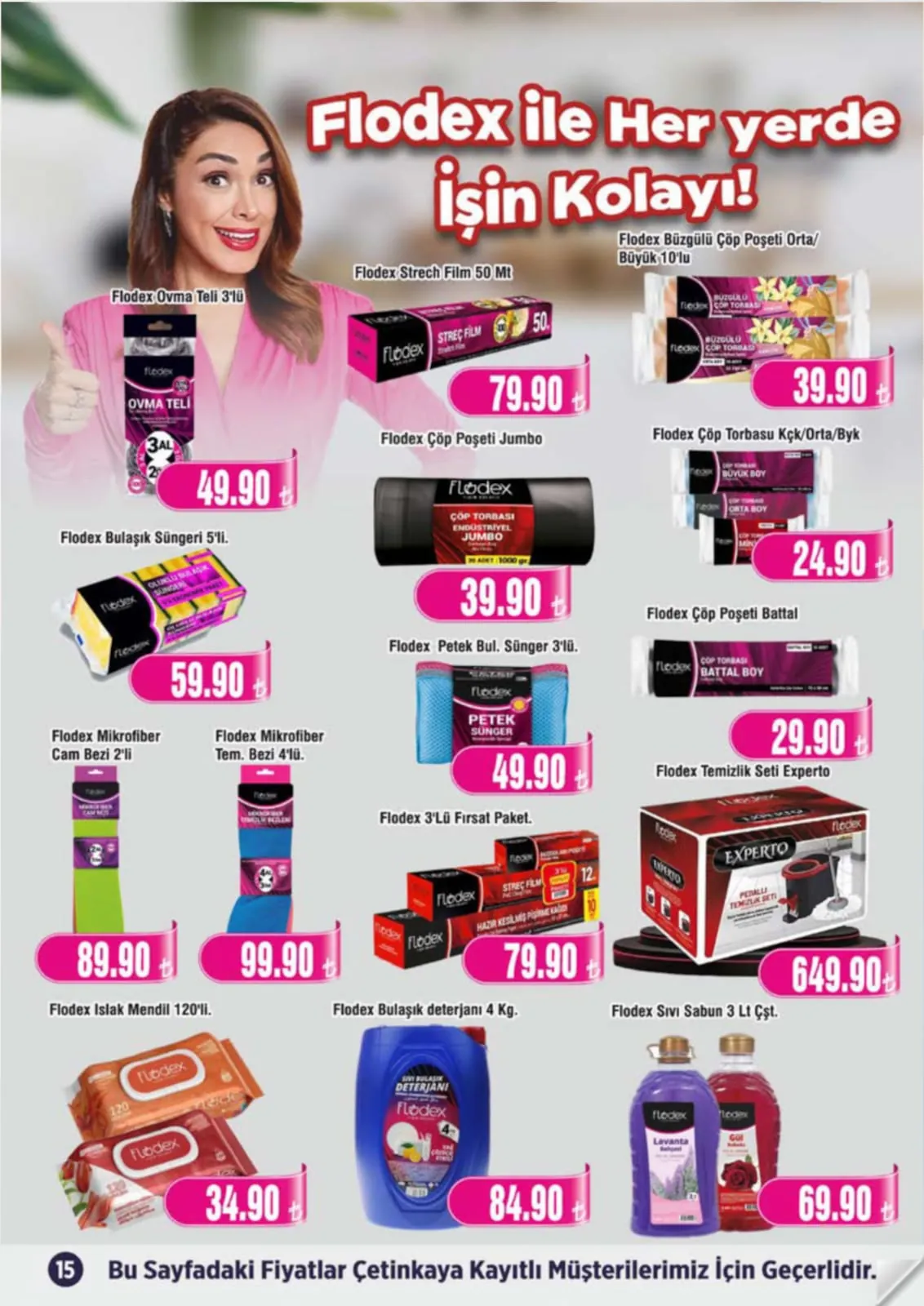 Çetinkaya Çetinkaya 1 Haziran 2026 Aktüel Kataloğu sayfa 15: Flodox Bulaşik Süngeri 5'Li, Flodox Büzgülü Çöp Poşeti Orta/Büyük 10'Lu
