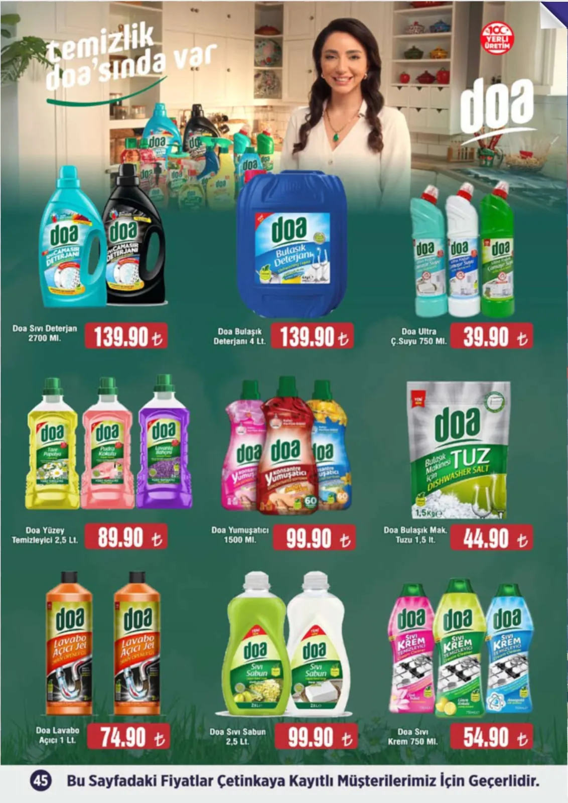 Çetinkaya Çetinkaya 1 Haziran 2026 Aktüel Kataloğu sayfa 45: Doa Sıvı Sabun 2,5 Lt., Doa Lavabo Açıcı 1 Lt.