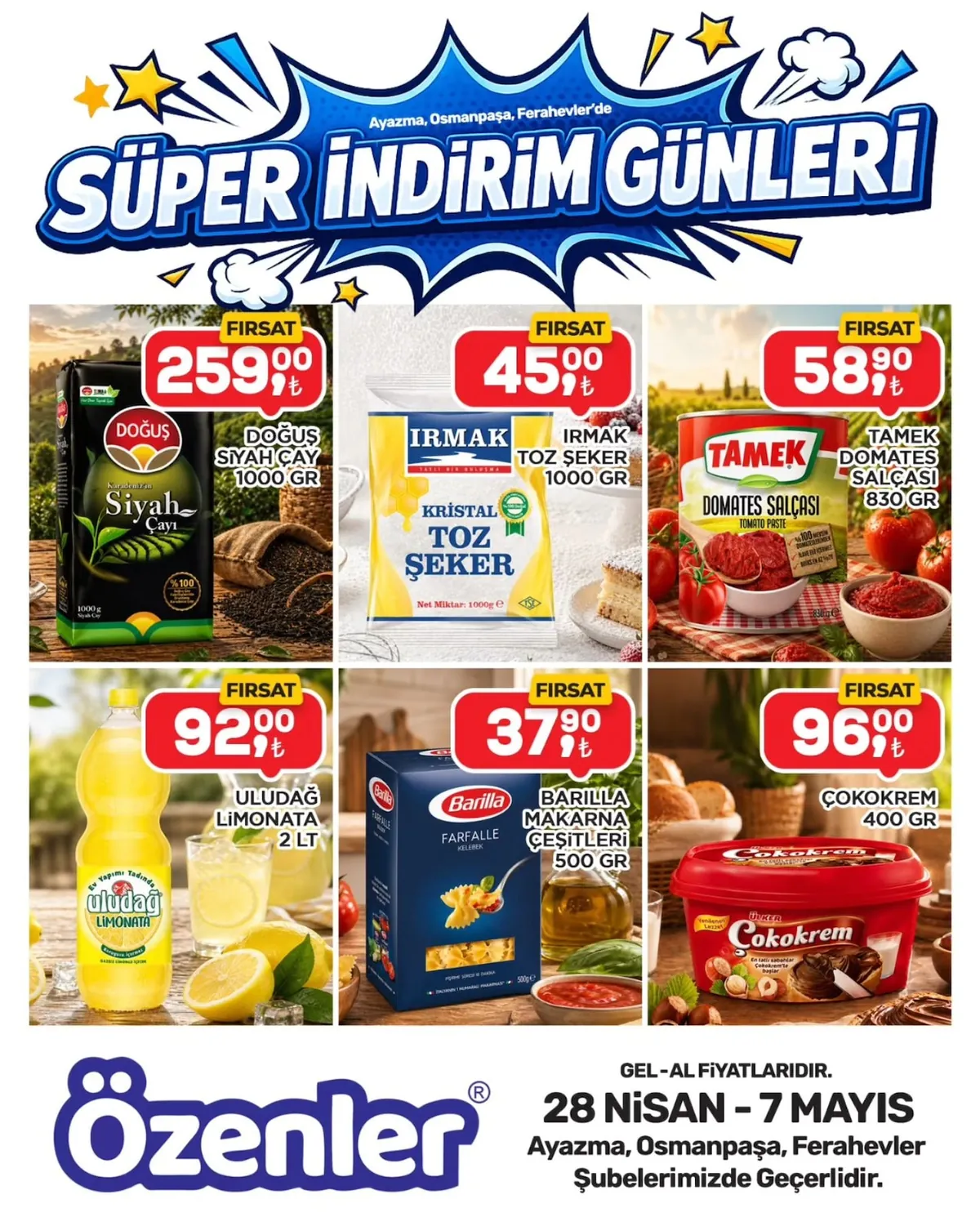 Özenler Özenler Market 28 Nisan 2026 Aktüel Kataloğu sayfa 1: Ülker Çokokrem 400 Gr, Barilla Makarna Çeşitleri 500 Gr