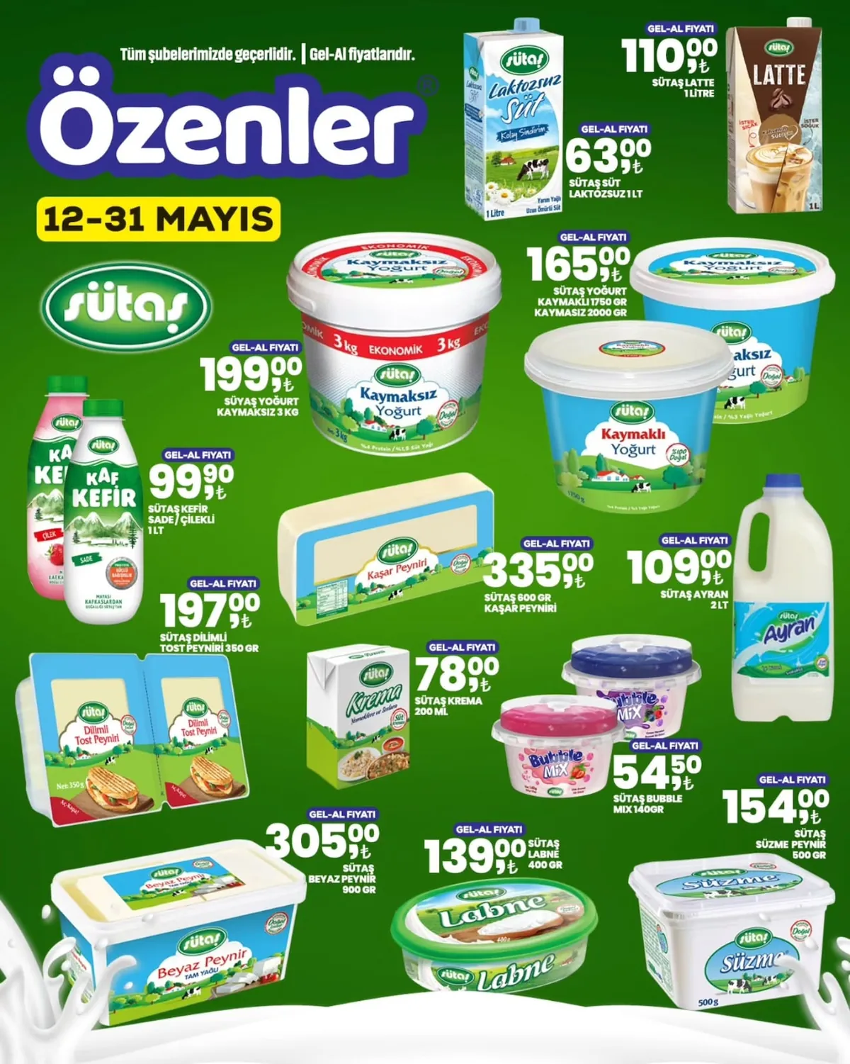 Özenler Özenler Market 12 Mayıs 2026 Aktüel Kataloğu sayfa 1: Sütaş Latte 1 Litre, Sütaş Süt Laktozsuz 1 Lt