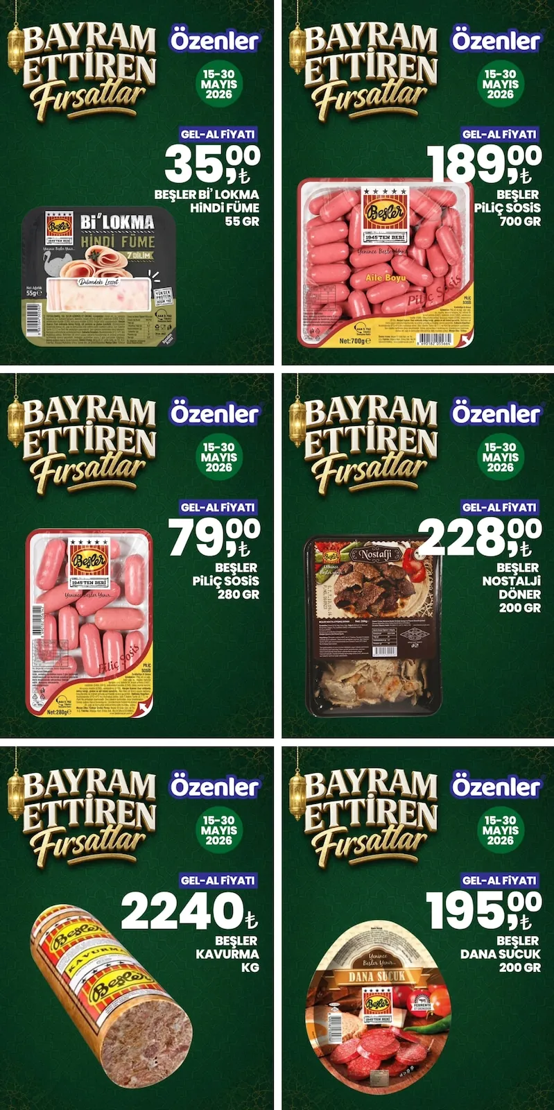 Özenler Özenler Market 15 Mayıs 2026 Aktüel Kataloğu sayfa 1: Beşler Kavurma Kg, Beşler Nostalji Döner 200 Gr