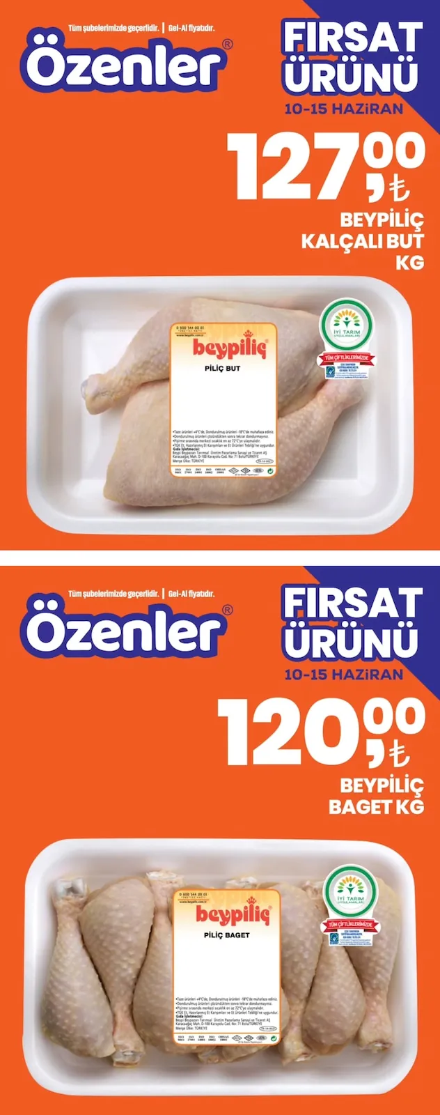 Özenler Özenler Market 10 Haziran 2026 Aktüel Kataloğu sayfa 1: Özlemler Beypiliç Kemikli But Kg, Özlemler Beypiliç Baget Kg