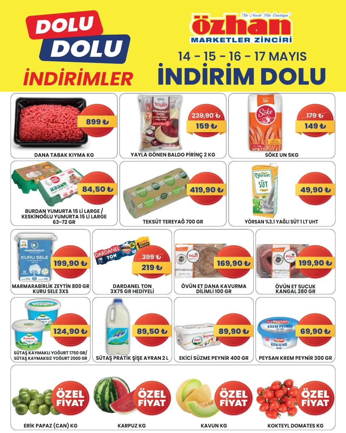 Özhan Özhan Marketler Zinciri 14 Mayıs 2026 Aktüel Kataloğu sayfa 1: Yayla Gönen Baldo Pirinç 2 Kg, Söke Un 5 Kg