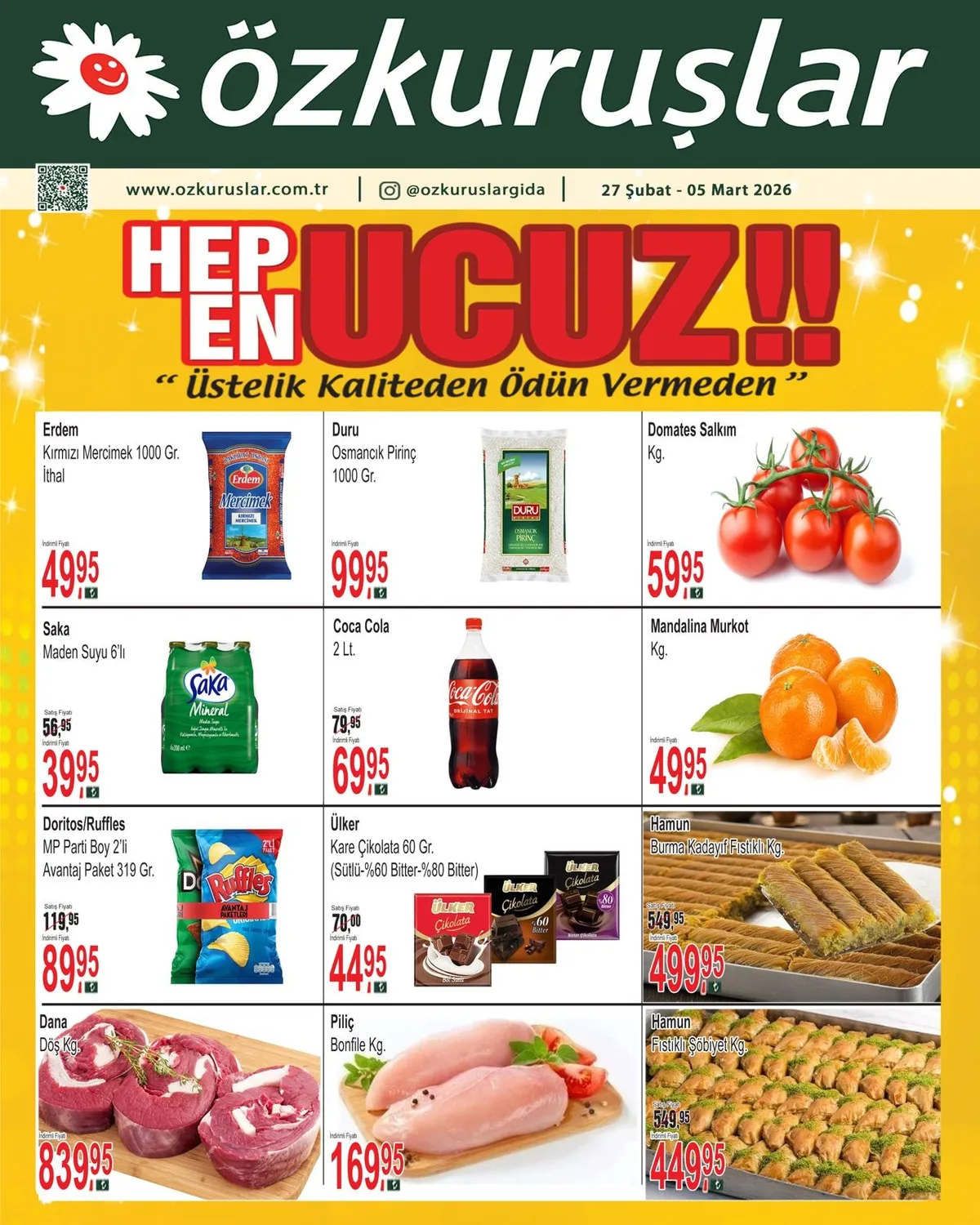 Özkuruşlar Özkuruşlar Gıda 27 Şubat 2026 Aktüel Kataloğu sayfa 1: Coca Cola 2 Lt., Domates Salkım Kg.