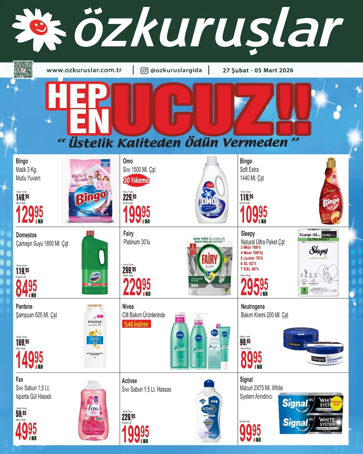 Özkuruşlar Özkuruşlar Gıda 27 Şubat 2026 Aktüel Kataloğu sayfa 4: Activex Sıvı Sabun 1,5 Lt. Hassas, Domestos Çamaşır Suyu 1850 Ml. Çşt