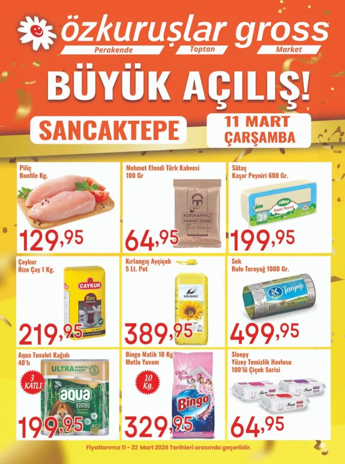 Özkuruşlar Özkuruşlar Gıda 11 Mart 2026 Aktüel Kataloğu sayfa 1: Kırlangıç Ayçiçek 5 Lt Pet, Piliç Bonfile Kg
