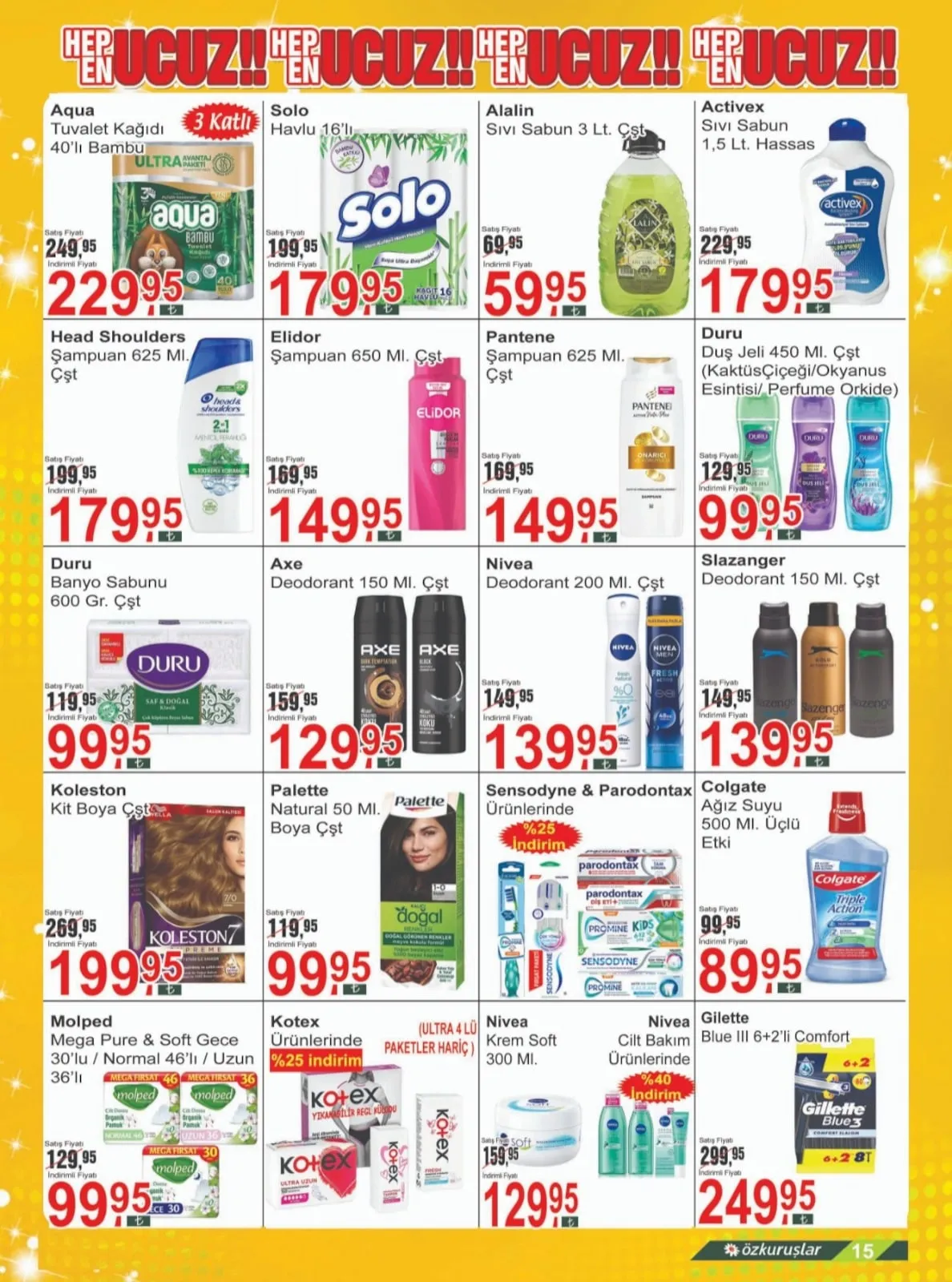Özkuruşlar Özkuruşlar Gıda 17 Mart 2026 Aktüel Kataloğu sayfa 15: Pantene Şampuan 625 Ml, Alalın Sıvı Sabun 3 Lt