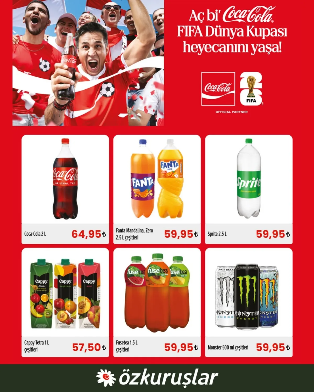 Özkuruşlar Özkuruşlar Gıda 21 Nisan 2026 Aktüel Kataloğu sayfa 1: Fusetea 1.5 L Çeşitleri, Fanta Mandalina Zero 2.5 L Çeşitleri