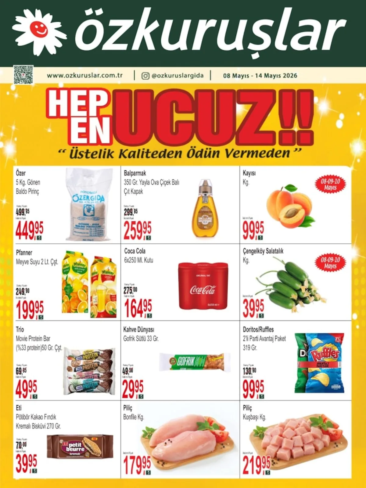 Özkuruşlar Özkuruşlar Gıda 8 Mayıs 2026 Aktüel Kataloğu sayfa 2: Pfanner Meyve Suyu 2 Lt., Coca Cola 6X250 Ml.