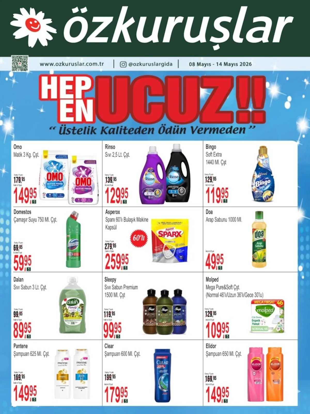 Özkuruşlar Özkuruşlar Gıda 8 Mayıs 2026 Aktüel Kataloğu sayfa 3: Asperox Sparx 60'Lı Bulaşık Makine Kapsül, Domestos Çamaşır Suyu 750 Ml.