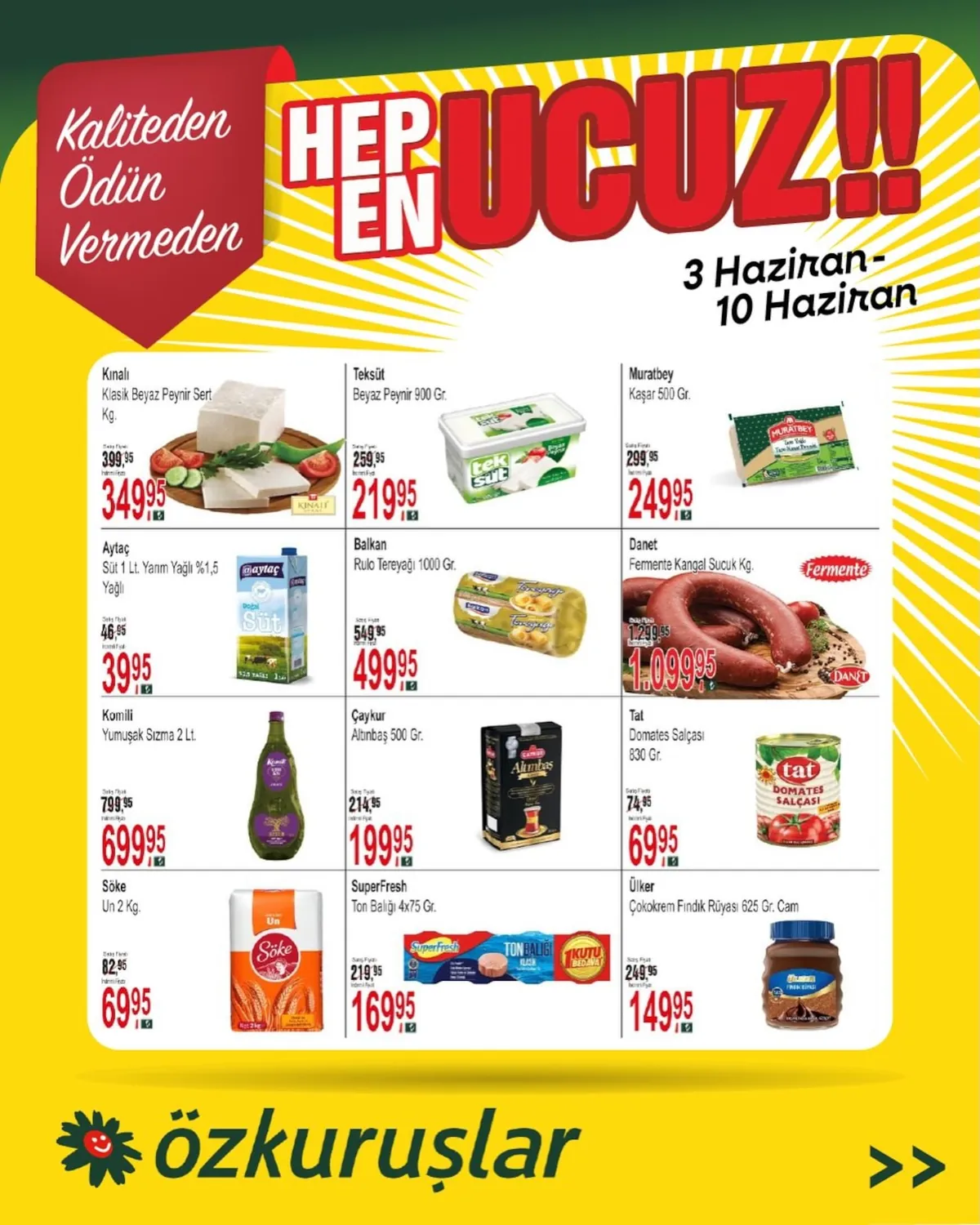 Özkuruşlar Özkuruşlar Gıda 3 Haziran 2026 Aktüel Kataloğu sayfa 2: Çaykur Altınbaş 500 Gr., Aytaç Süt 1 Lt. Yarım Yağlı %1,5 Yağlı