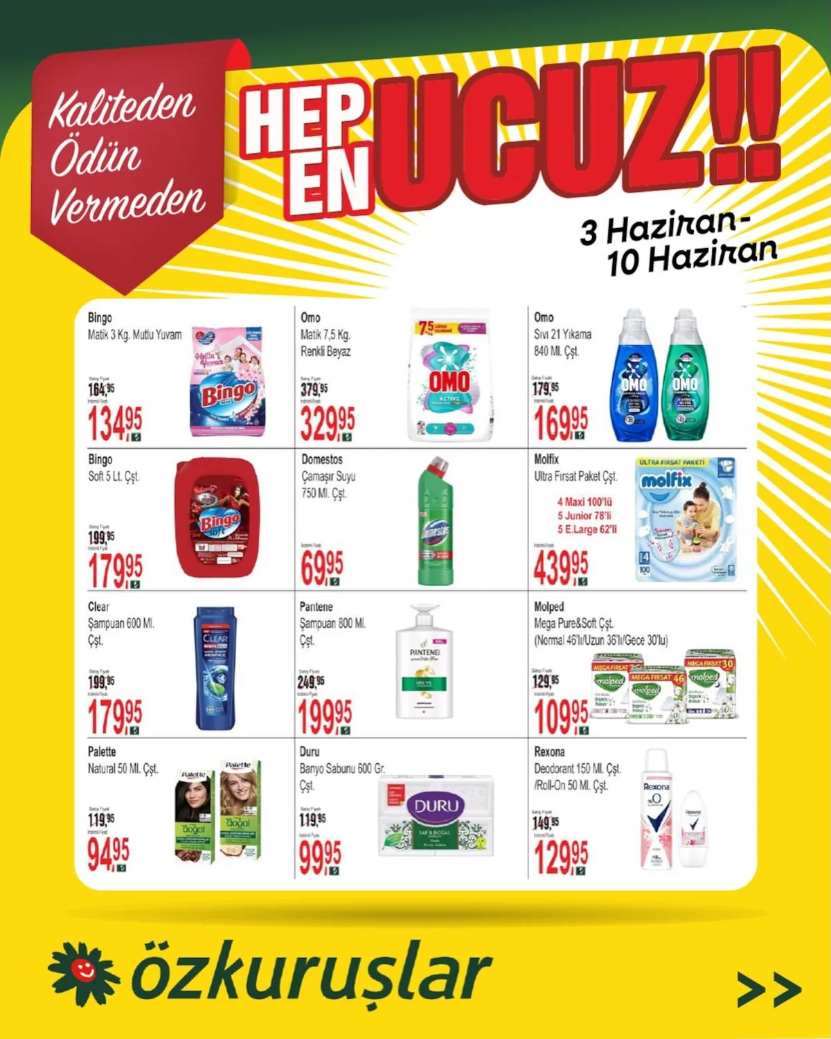 Özkuruşlar Özkuruşlar Gıda 3 Haziran 2026 Aktüel Kataloğu sayfa 3: Domestos Çamaşır Suyu 750 Ml, Pantene Şampuan 800 Ml