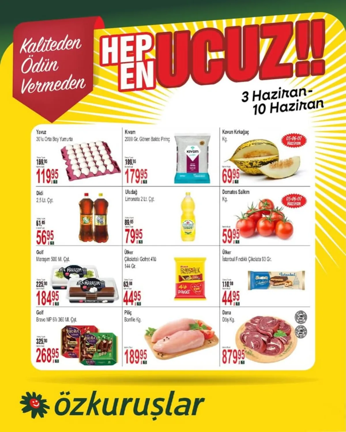 Özkuruşlar Özkuruşlar Gıda 3 Haziran 2026 Aktüel Kataloğu sayfa 4: Ülker Çikolatalı Gofret 4X10 144 Gr., Uludağ Limonata 2 Lt.