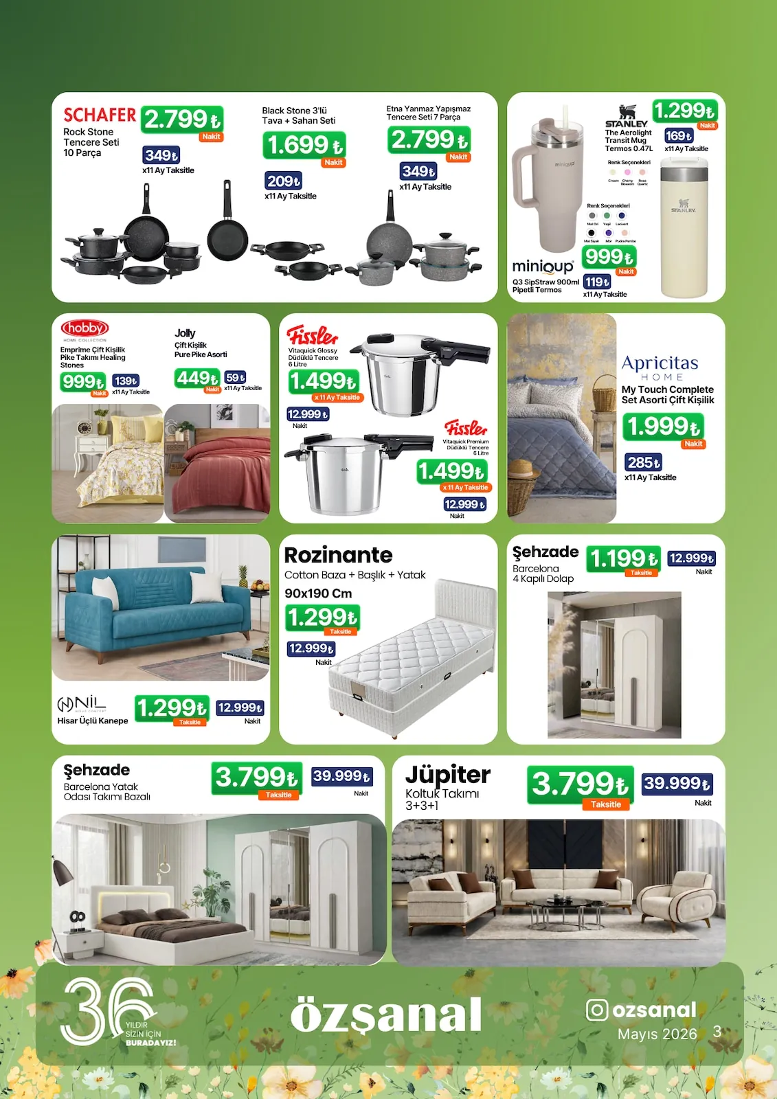 Ozsanal Özşanal 1 Mayıs 2026 Aktüel Kataloğu sayfa 3: Apricitas Home My Touch Complete Set Asorti Çift Kişilik, Nil Home Concept Hisar Üçlü Kanepe