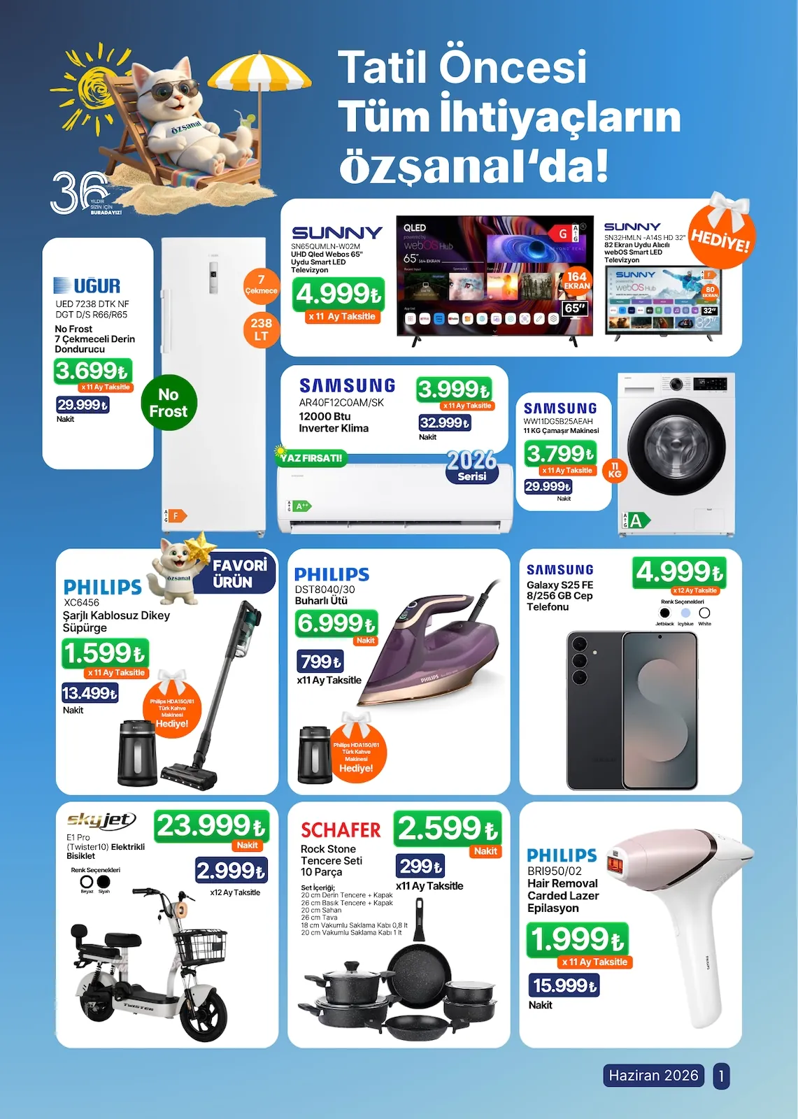 Ozsanal Özşanal 1 Haziran 2026 Aktüel Kataloğu sayfa 1: Sunny Sn65Qum,Sn-W02M Uhd Qled Webos 65" Uydulu Smart Led Televizyon, Samsung Galaxy S25 Fe 8/256 Gb Cep Telefonu