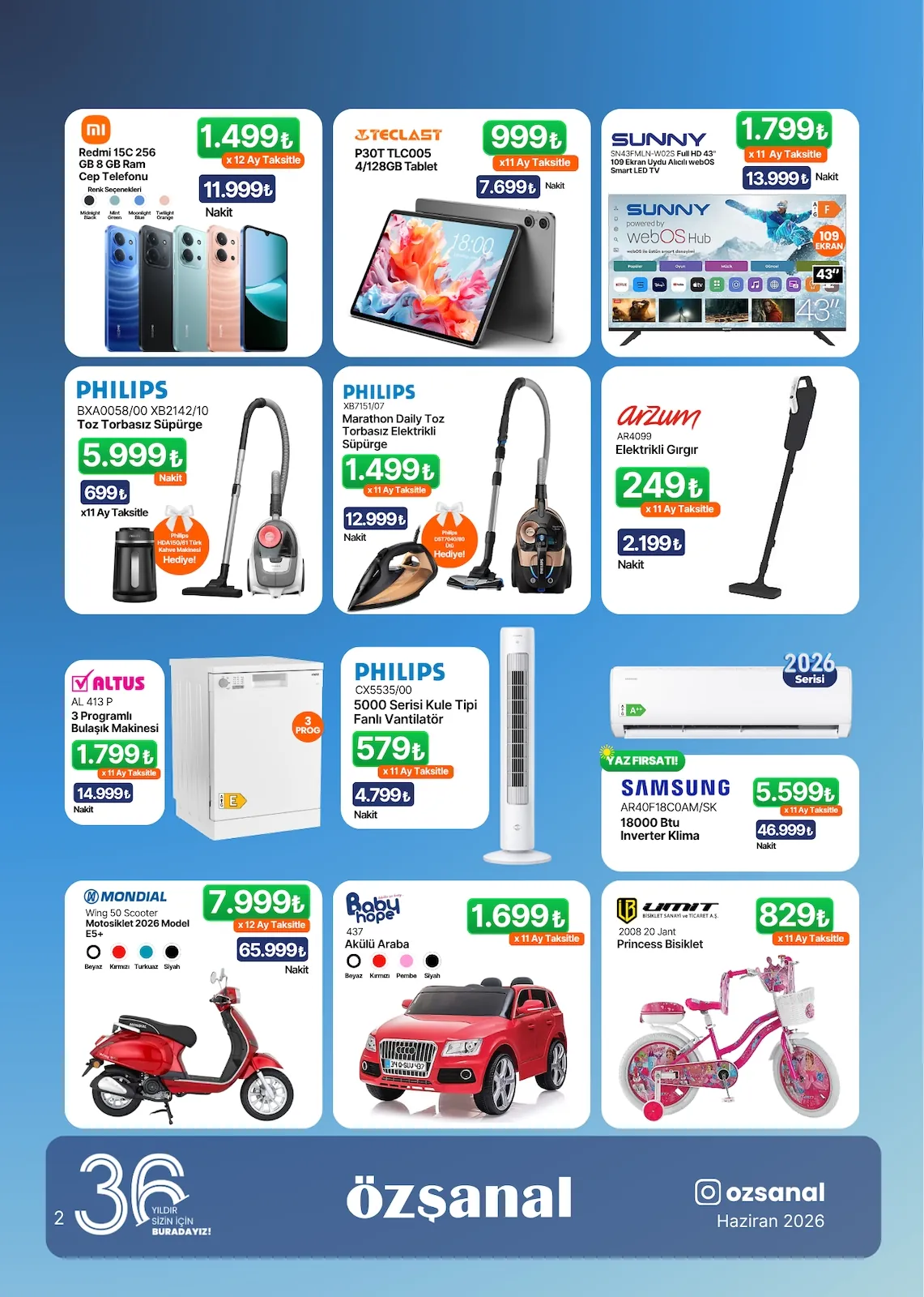 Ozsanal Özşanal 1 Haziran 2026 Aktüel Kataloğu sayfa 2: Baby Hope 437 Akülü Araba, Philips Bxa0058/00 Xb2142/10 Toz Torbasız Süpürge