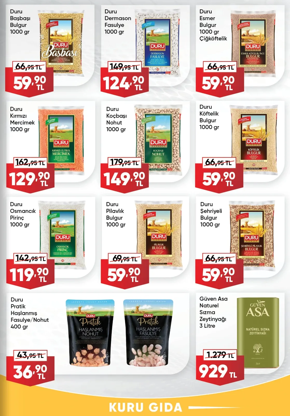 Üçler Üçler Market 9 Mart 2026 Aktüel Kataloğu sayfa 18: Duru Esmer Bulgur 1000 Gr Çiğköftelik, Duru Dermason Fasulye 1000 Gr
