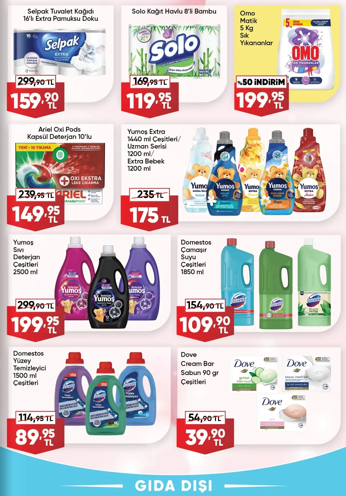 Üçler Üçler Market 9 Mart 2026 Aktüel Kataloğu sayfa 25: Domestos Çamaşır Suyu Çeşitleri 1850 Ml, Yumoş Sıvı Deterjan Çeşitleri 2500 Ml