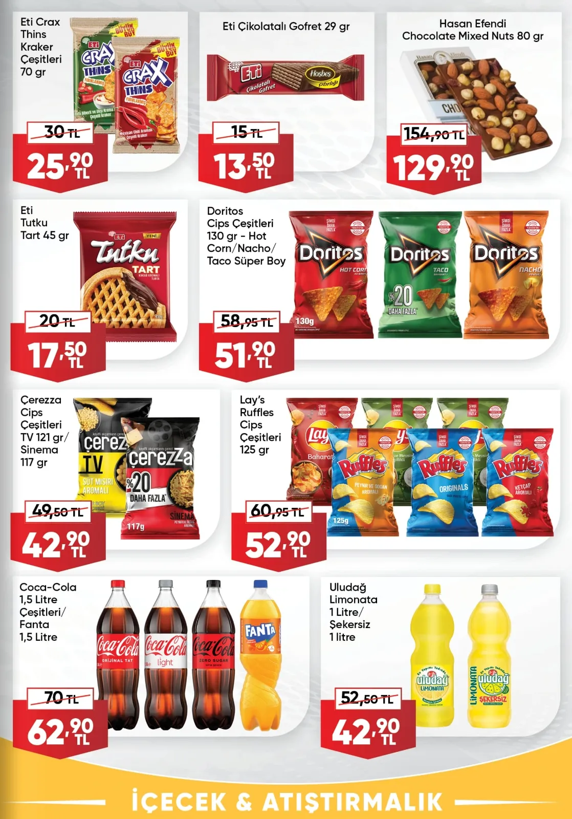 Üçler Üçler Market 9 Mart 2026 Aktüel Kataloğu sayfa 6: Eti Crax Thins Kraker Çeşitleri 70 Gr, Uludağ Limonata 1 Litre