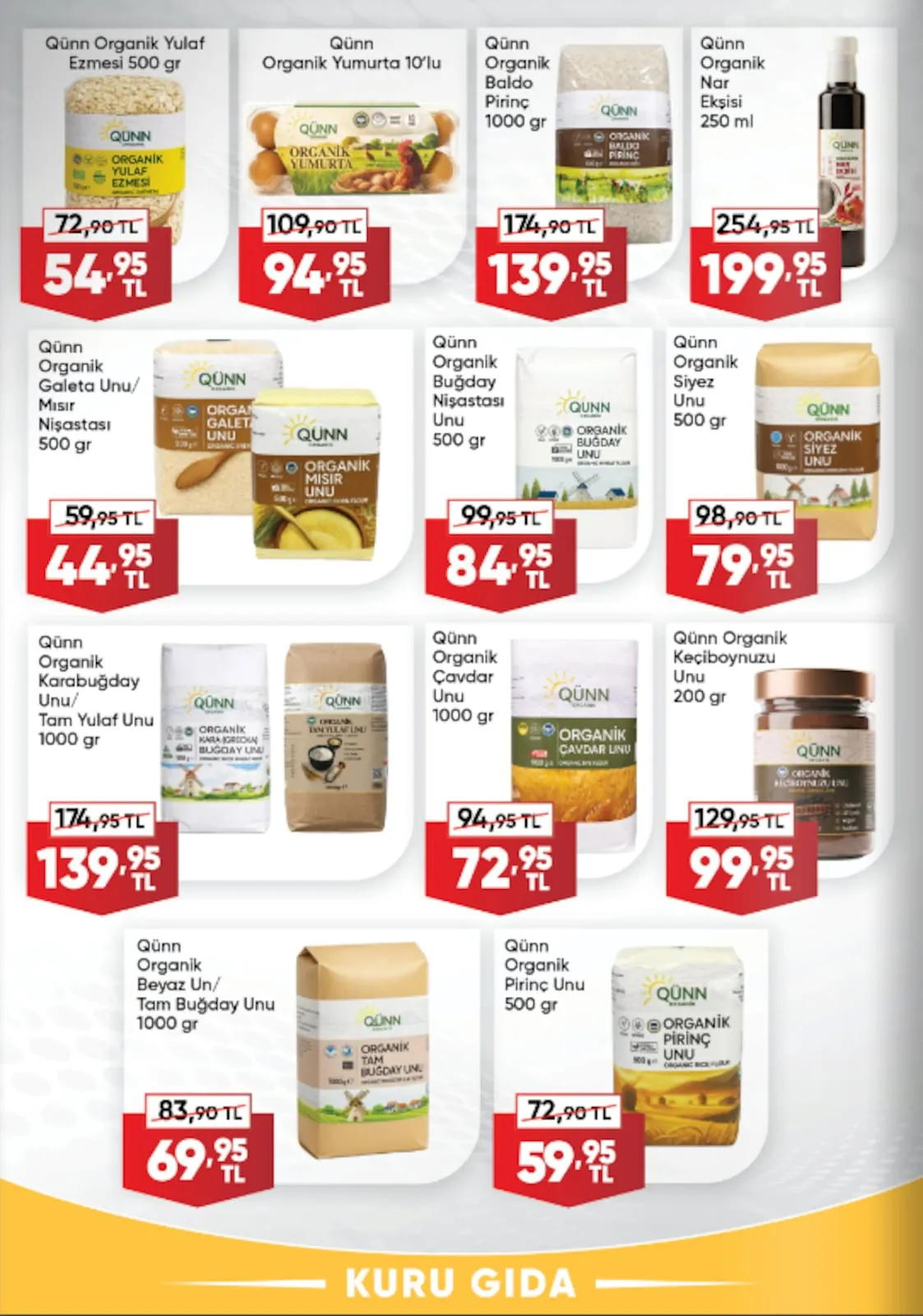 Üçler Üçler Market 11 Mayıs 2026 Aktüel Kataloğu sayfa 12: Qünn Organik Siyez Unu 500 Gr, Qünn Organik Yulaf Ezmesi 500 Gr