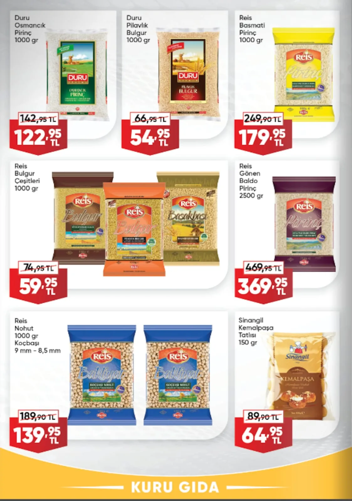 Üçler Üçler Market 11 Mayıs 2026 Aktüel Kataloğu sayfa 14: Reis Gönen Baldo Pirinç 2500 G, Duru Pilavlık Bulgur 1000 G