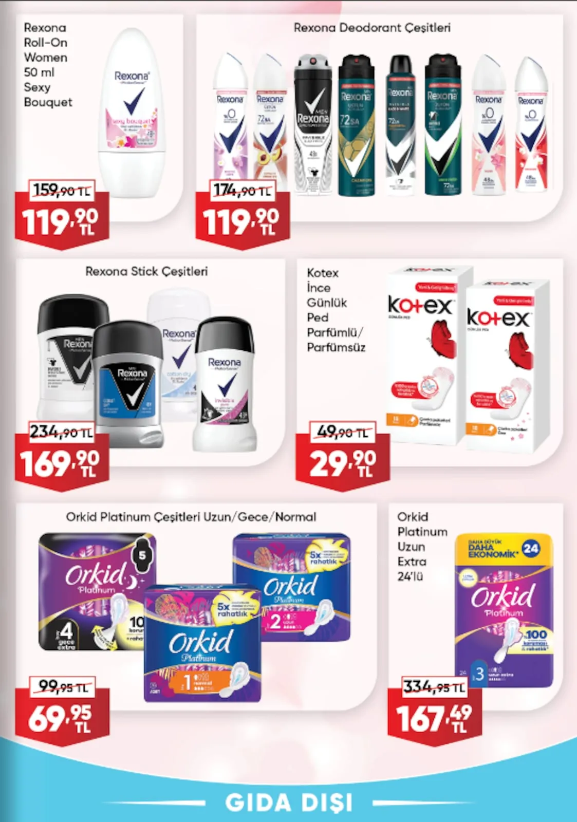 Üçler Üçler Market 11 Mayıs 2026 Aktüel Kataloğu sayfa 25: Kotex İnce Günlük Ped Parfümlü/Parfümsüz 16 Adet, Orkid Platinum Uzun Extra 24'Lü Ped