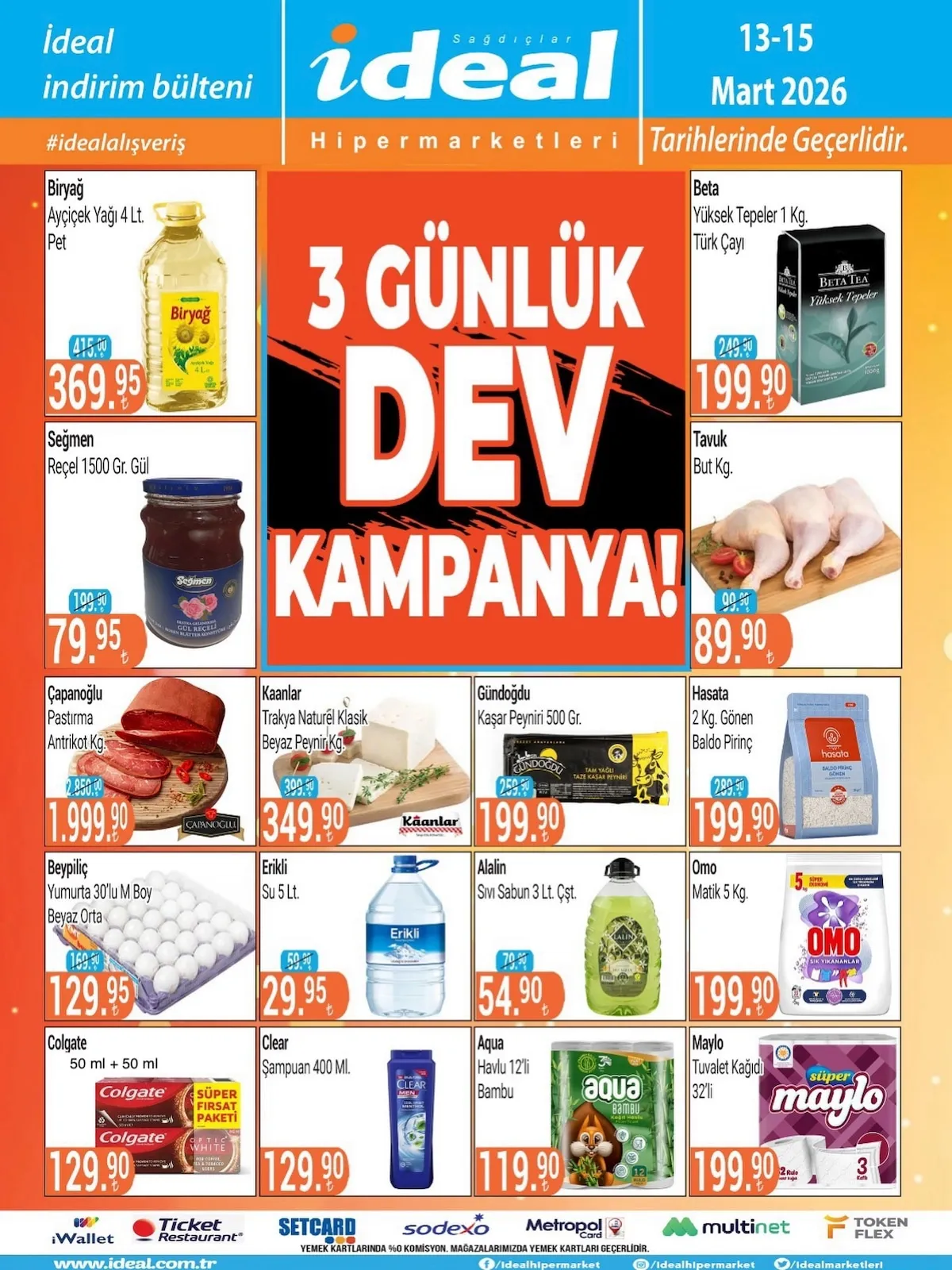 İdeal İdeal Market 13 Mart 2026 Aktüel Kataloğu sayfa 1: Kaanlar Trakya Naturel Klasik Beyaz Peynir Kg, Gündoğdu Kaşar Peyniri 500 Gr