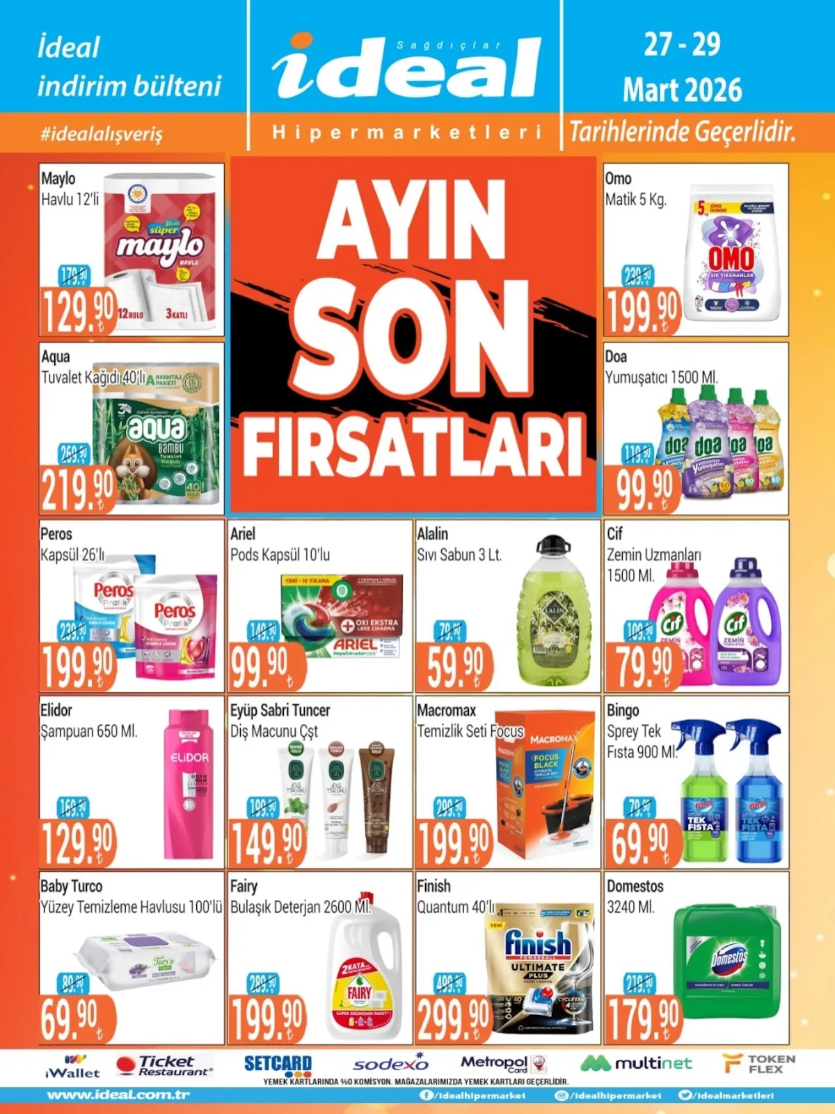 İdeal İdeal Market 27 Mart 2026 Aktüel Kataloğu sayfa 2: Cif Zemin Uzmanları 1500 Ml, Ariel Pods Kapsül 10'Lu