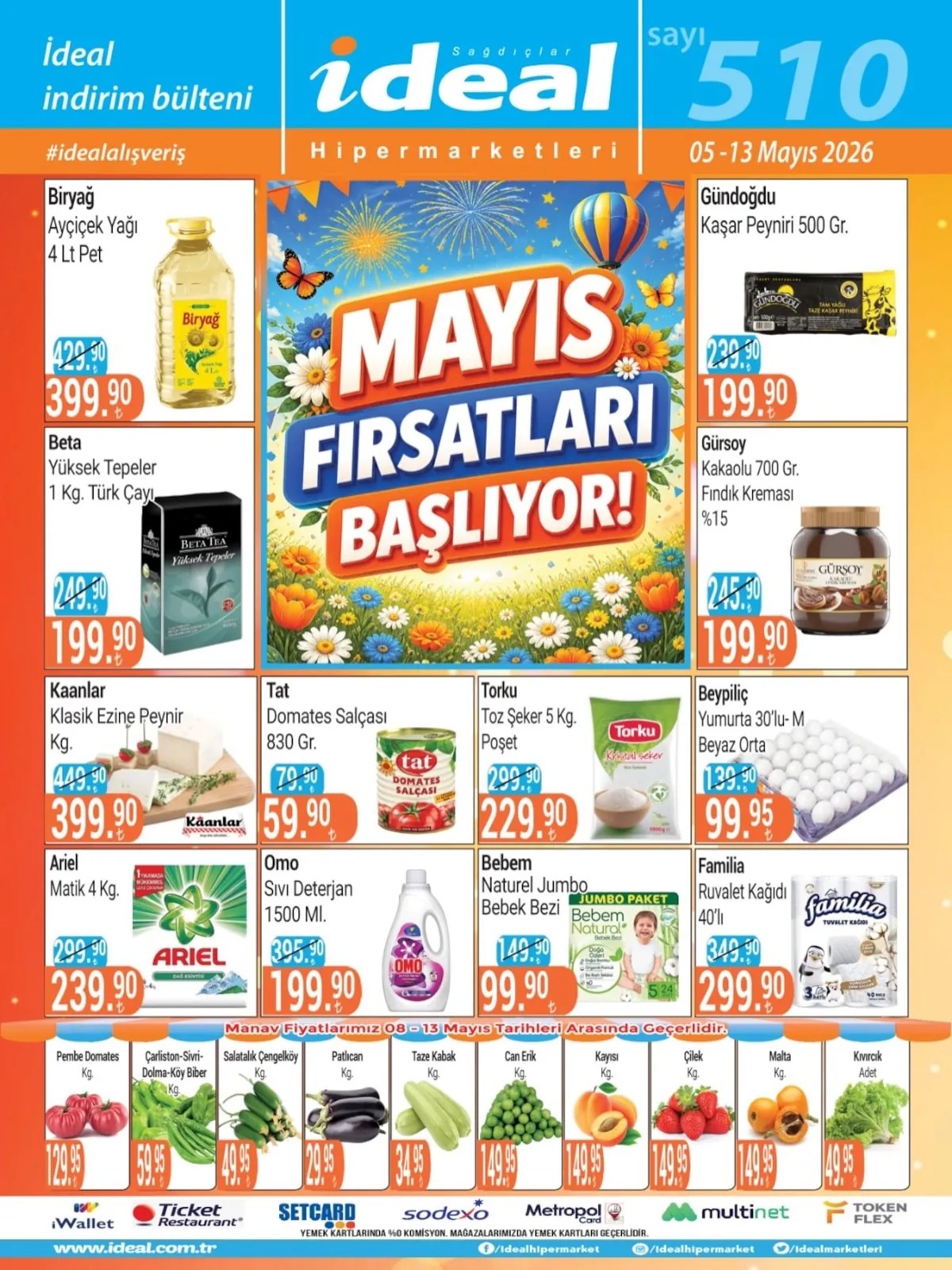 İdeal İdeal Market 5 Mayıs 2026 Aktüel Kataloğu sayfa 1: Gürsoy Kakaolu 700 Gr. Fındık Kreması, Torku Toz Şeker 5 Kg. Poşet