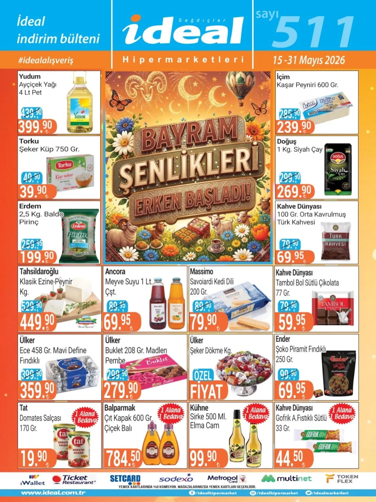 İdeal İdeal Market 15 Mayıs 2026 Aktüel Kataloğu sayfa 1: Balparmak Çıt Kapak Çiçek Balı 600 Gr, Ülker Buklet 208 Gr. Madlen Pembe