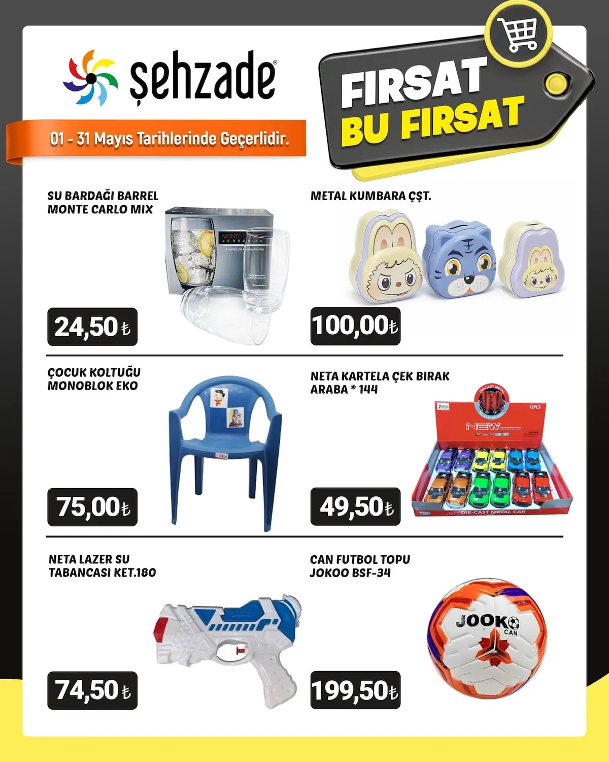 Şehzade Şehzade Market 1 Mayıs 2026 Aktüel Kataloğu sayfa 2: Neta Lazer Su Tabancası Ket.180, Can Futbol Topu Jokoo Bsf-34