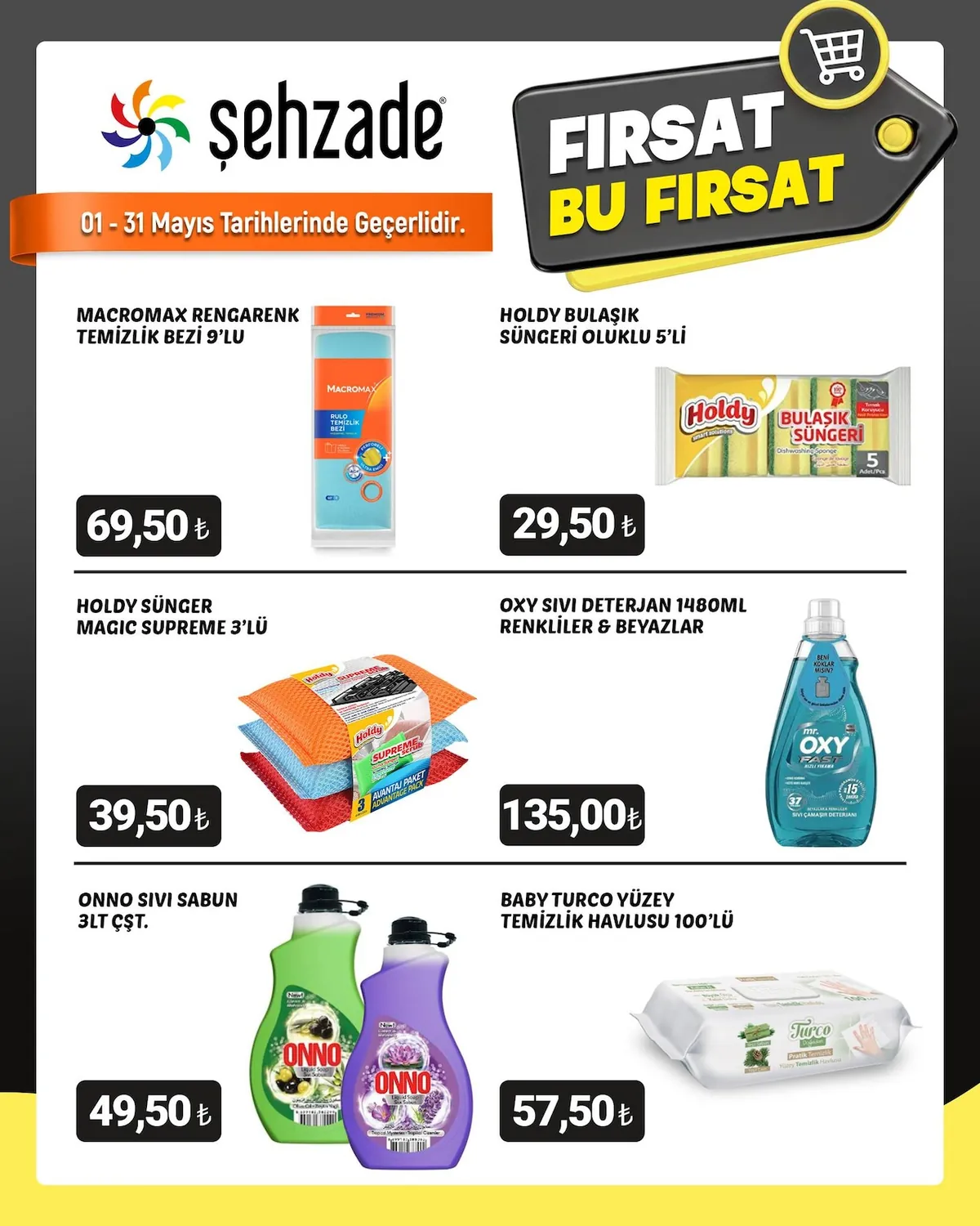 Şehzade Şehzade Market 1 Mayıs 2026 Aktüel Kataloğu sayfa 6: Holdy Sünger Magic Supreme 3'Lü, Oxy Sıvı Deterjan 1480Ml Renkliler & Beyazlar