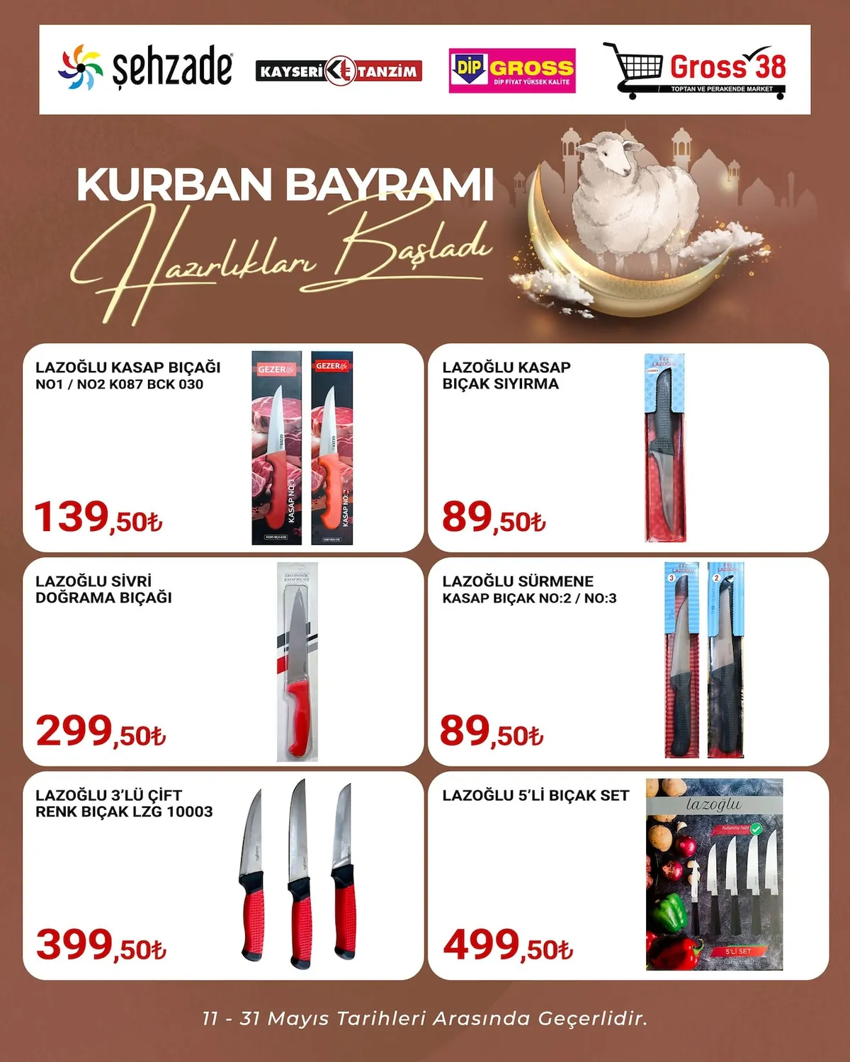 Şehzade Şehzade Market 11 Mayıs 2026 Aktüel Kataloğu sayfa 2: Lazoğlu Sivri Doğrama Bıçağı, Lazoğlu Kasap Bıçak Sıyrima