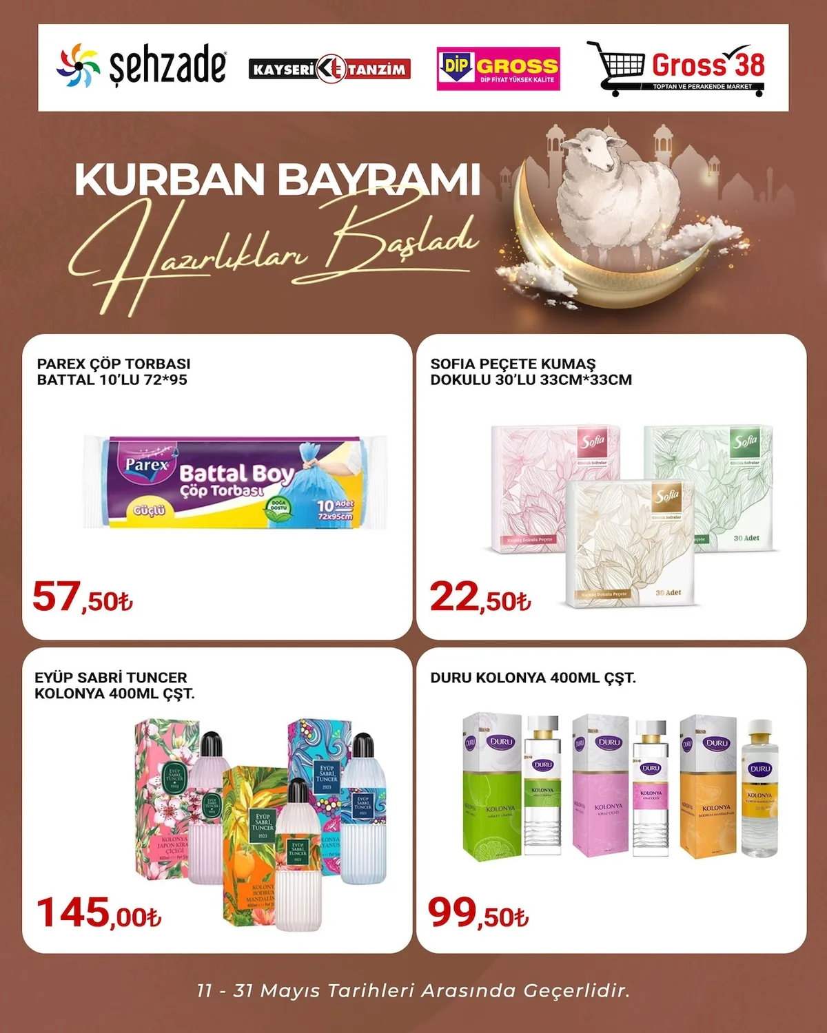 Şehzade Şehzade Market 11 Mayıs 2026 Aktüel Kataloğu sayfa 5: Eyüp Sabri Tuncer Kolonya 400Ml Çeşitleri, Sofia Peçete Kumaş Dokulu 30Lu 33*33Cm
