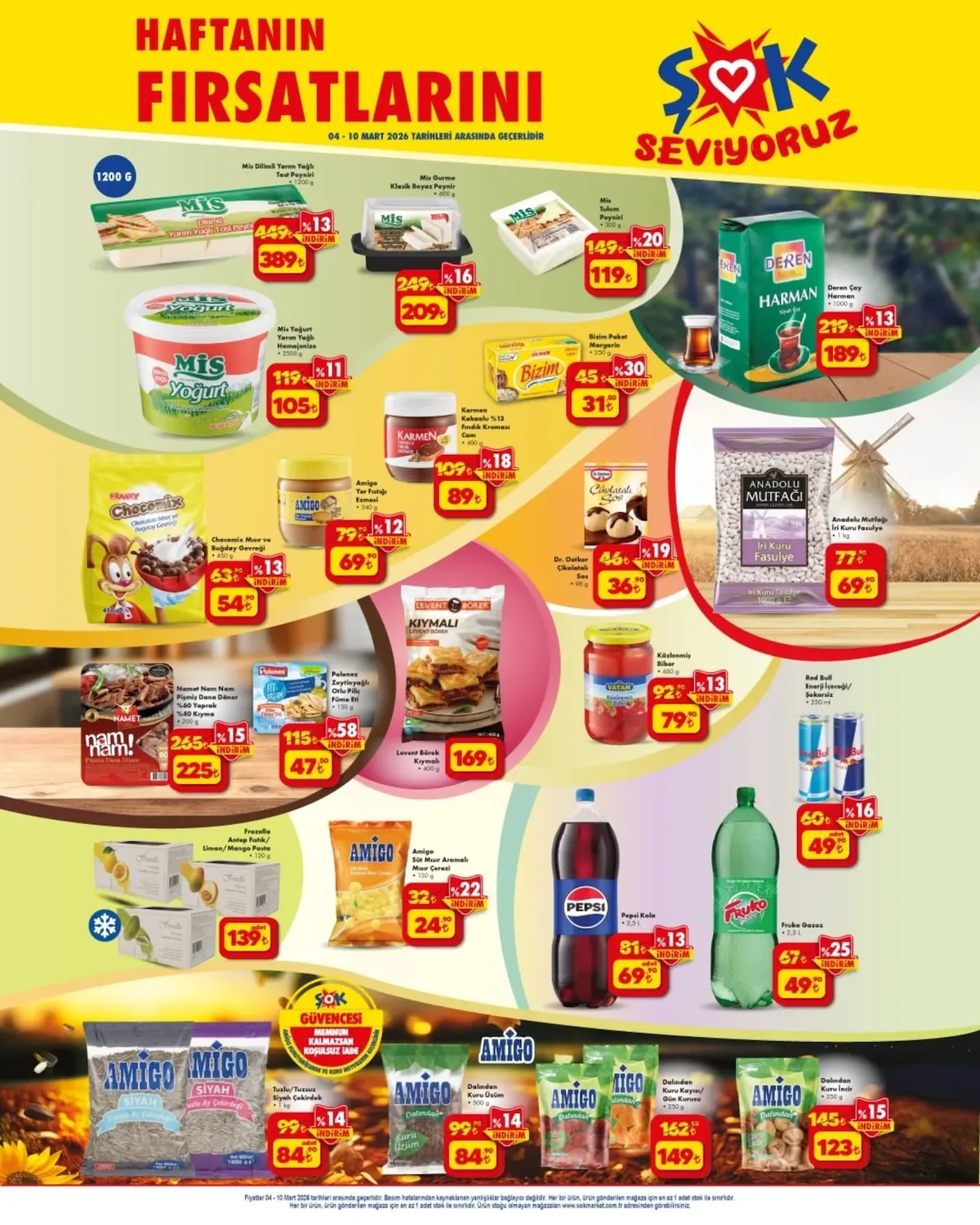 ŞOK Şok 4 Mart 2026 Aktüel Kataloğu sayfa 1: Mis Gurme Klasik Beyaz Peynir 600 G, Amigo Süt Mısır Aromalı Mısır Çerezi 130 G