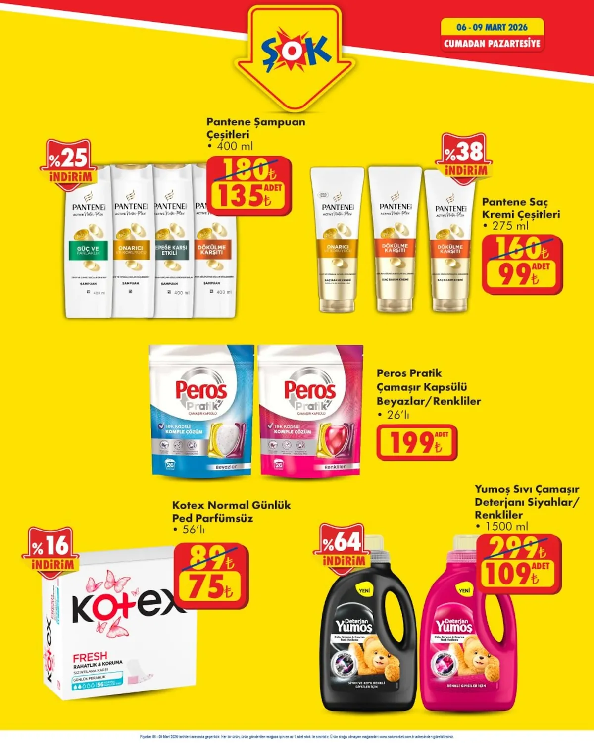 ŞOK Şok 6 Mart 2026 Aktüel Kataloğu sayfa 3: Yumoş Sıvı Çamaşır Deterjanı Siyahlar/Renkliler 1500 Ml, Pantene Saç Kremi Çeşitleri 275 Ml