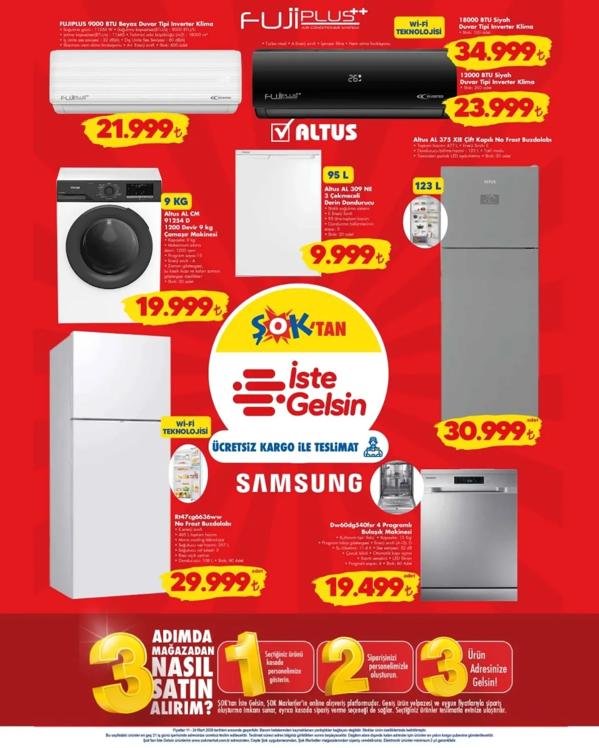 ŞOK Şok 11 Mart 2026 Aktüel Kataloğu sayfa 11: Samsung Dw60Dg540Fsr 4 Programlı Bulaşık Makinesi, Altus 123 L