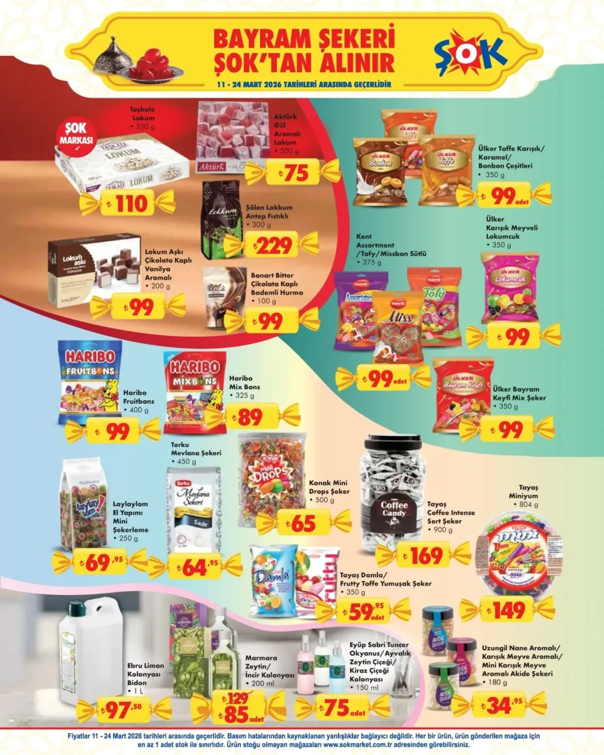 ŞOK Şok 11 Mart 2026 Aktüel Kataloğu sayfa 4: Haribo Fruitbons 400 G, Konak Mini Drops Şeker 500 G