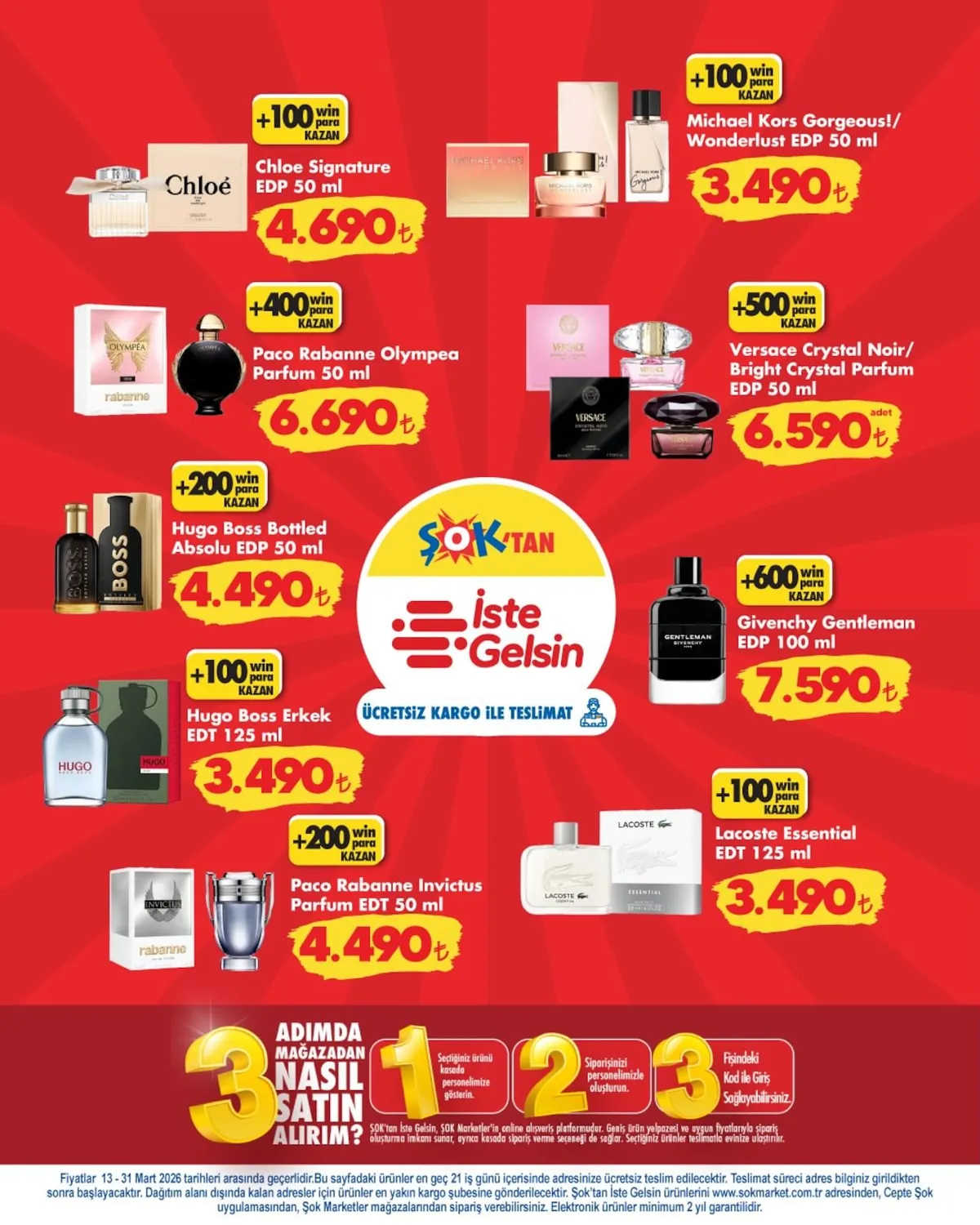 ŞOK Şok 13 Mart 2026 Aktüel Kataloğu sayfa 1: Versace Crystal Noir/ Bright Crystal Parfum Edp 50 Ml, Hugo Boss Bottled Absolu Edp 50 Ml