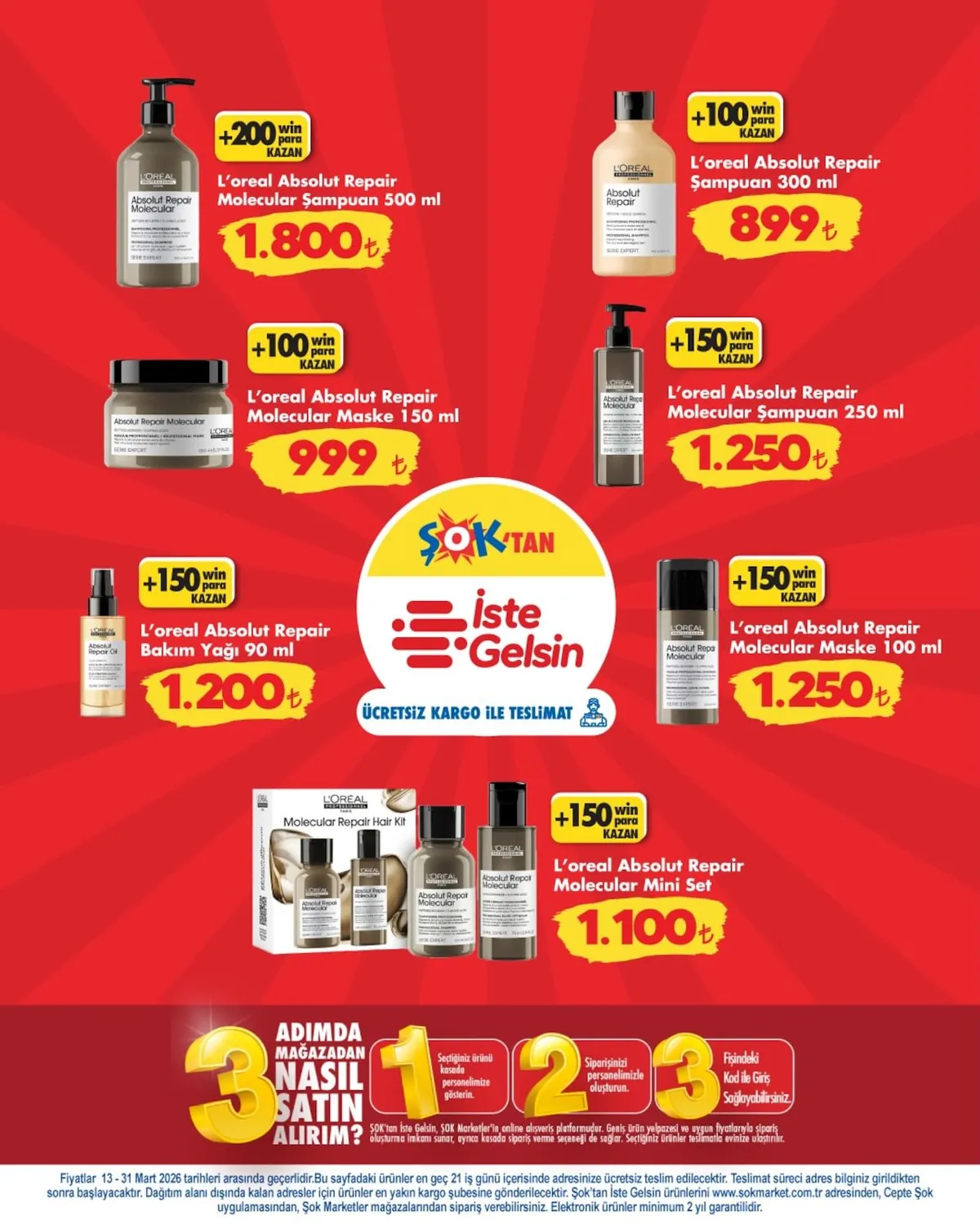 ŞOK Şok 13 Mart 2026 Aktüel Kataloğu sayfa 2: L'Oreal Absolut Repair Molecular Şampuan 250 Ml, L'Oreal Absolut Repair Molecular Maske 150 Ml