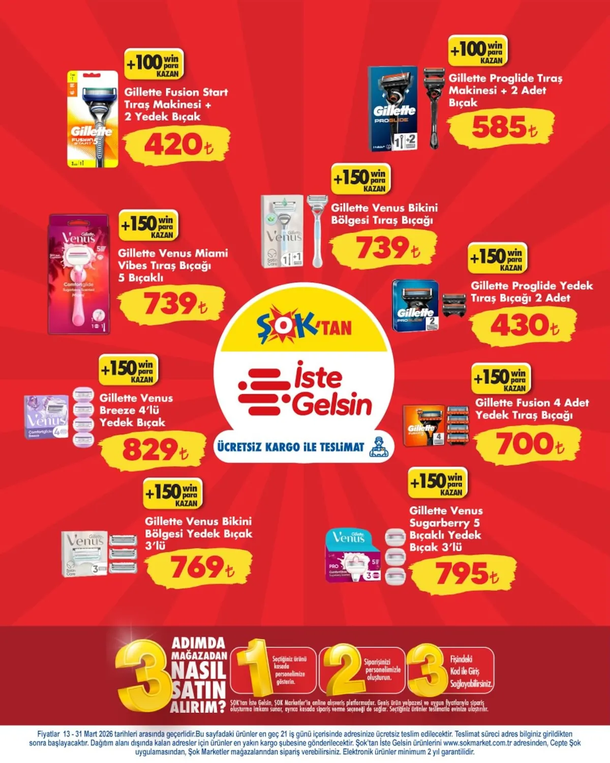 ŞOK Şok 13 Mart 2026 Aktüel Kataloğu sayfa 3: Gillette Venus Miami Vibes Tıraş Bıçağı 5 Bıçaklı, Gillette Fusion Start Tıraş Makinesi + 2 Yedek Bıçak
