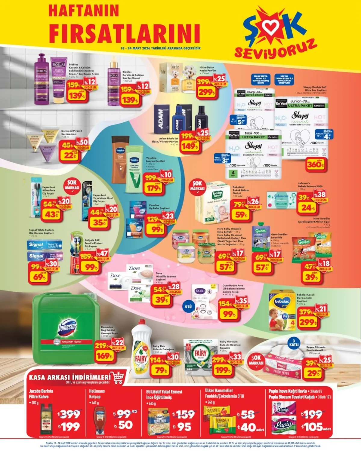 ŞOK Şok 18 Mart 2026 Aktüel Kataloğu sayfa 2: Domestos Dağ Esintisi Çamaşır Suyu 3240 Ml, Bioblas Keratin & Kolajen Şekillendirici Onarıcı Krem / Saç Bakım Kremi 250 Ml