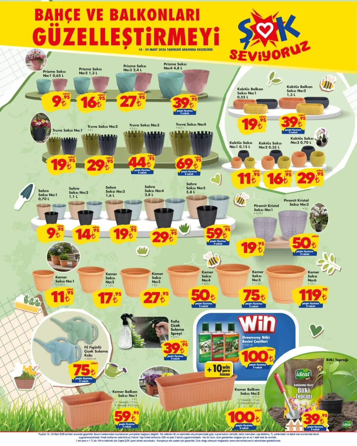 ŞOK Şok 18 Mart 2026 Aktüel Kataloğu sayfa 3: Prizma Saksı No:3 2,4 L, Fısfıs Çiçek Sulama Spreyi