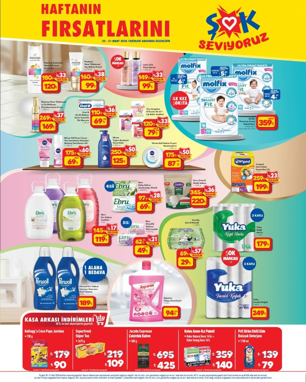 ŞOK Şok 25 Mart 2026 Aktüel Kataloğu sayfa 2: Nivea Gül Suyu Içeren Yüz Temizleme Köpüğü/ Makyaj Temizleme Jeli 150 Ml, Molfix Premium Smart Bebek Bezi