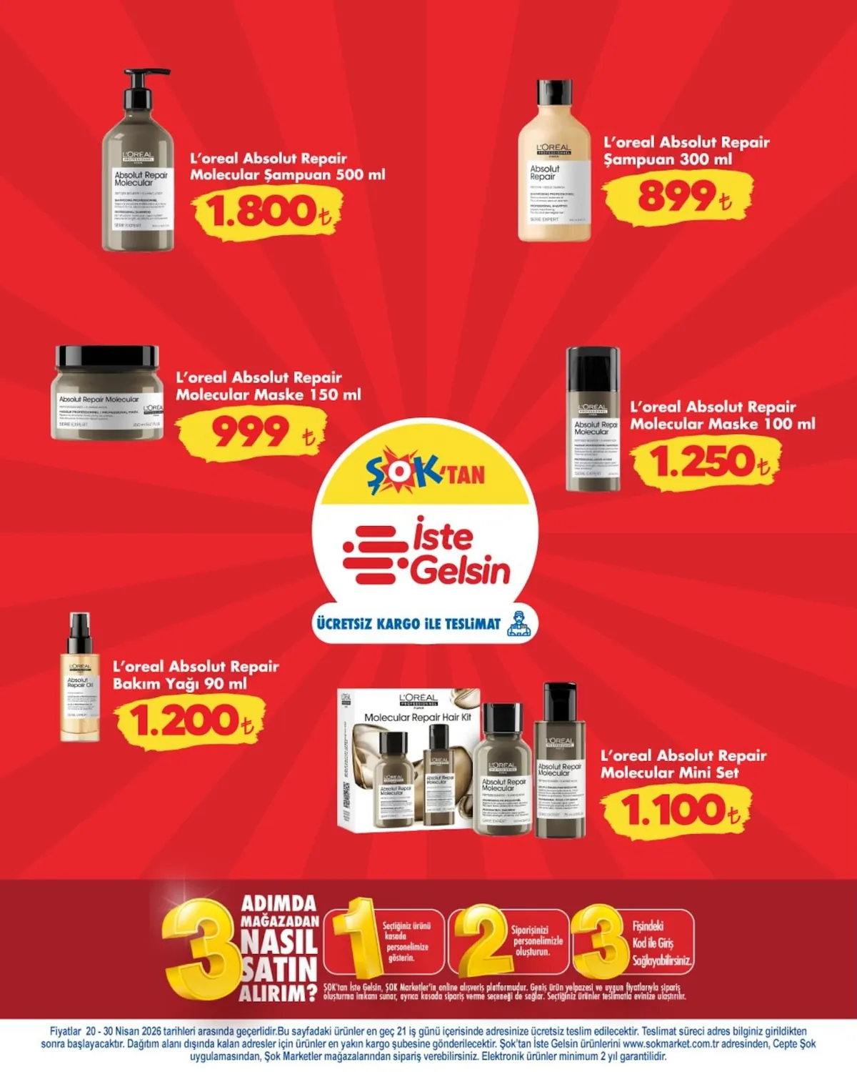 Şok Şok 20 Nisan 2026 Aktüel Kataloğu sayfa 2: L'Oreal Absolut Repair Molecular Şampuan 500 Ml, L'Oreal Absolut Repair Molecular Maske 100 Ml