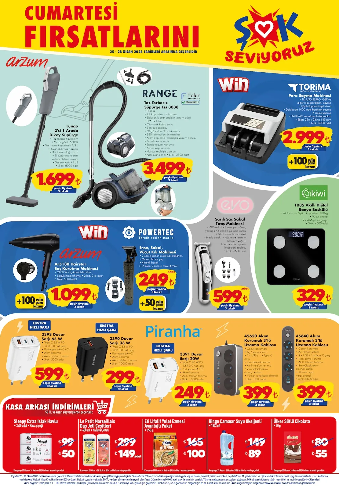 Şok Şok 25 Nisan 2026 Aktüel Kataloğu sayfa 2: Eti Lifalif Yulaf Ezmesi Avantajlı Paket 950G, Piranha 3390 Duvar Şarjı 33W
